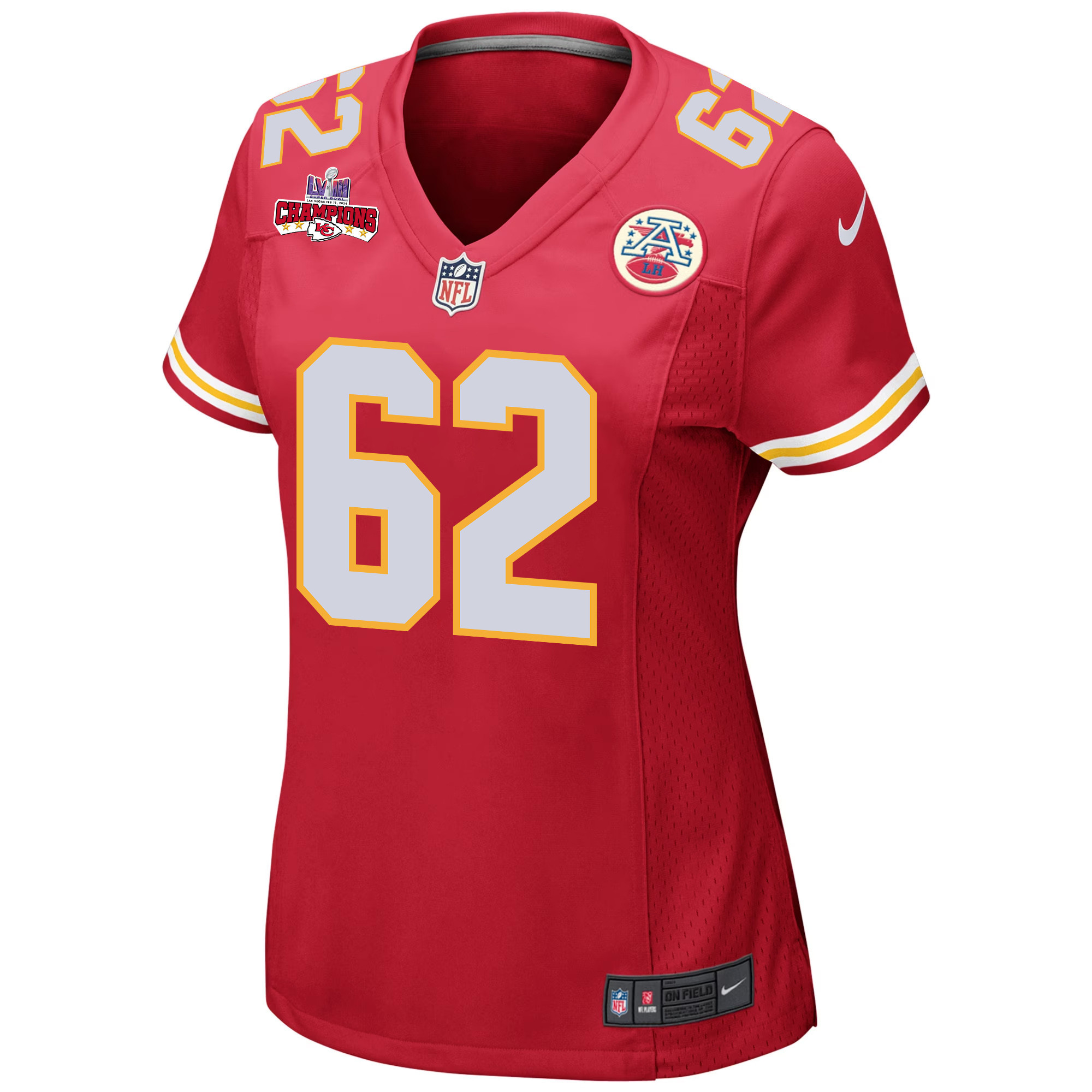 Alternative view of Joe Thuney 62 Kansas City Chiefs Super Bowl LVIII Champions 4 Stars Patch Game Women Jersey - Red JS4204 nicesnker