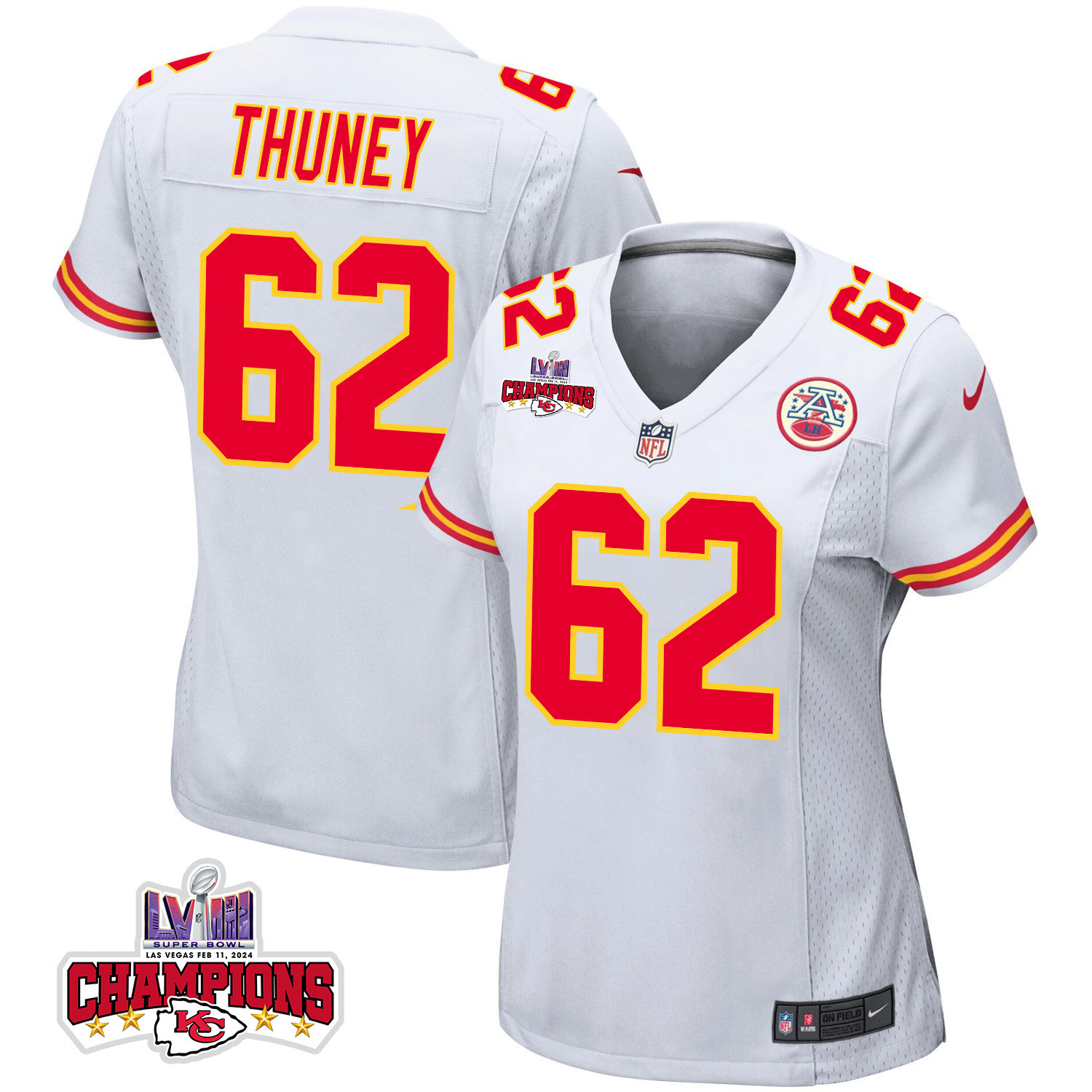Joe Thuney 62 Kansas City Chiefs Super Bowl LVIII Champions 4 Stars Patch Game Women Jersey - White JS4061 nicesnker