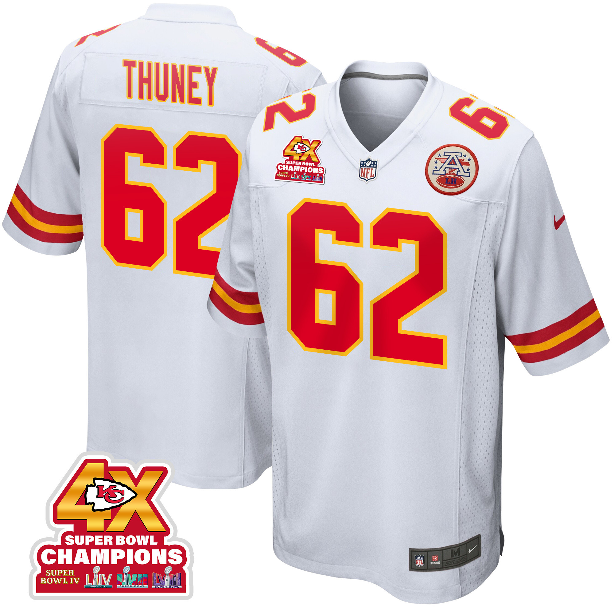 Joe Thuney 62 Kansas City Chiefs Super Bowl LVIII Champions 4X Game Men Jersey - White JS2876 nicesnker