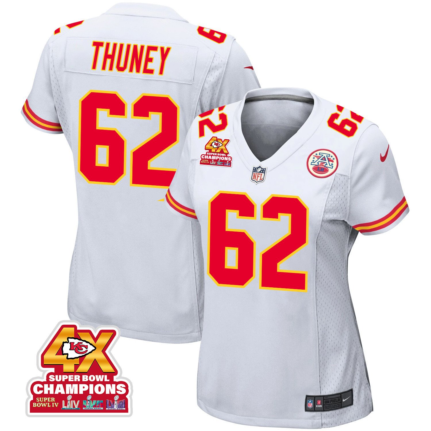 Joe Thuney 62 Kansas City Chiefs Super Bowl LVIII Champions 4X Game Women Jersey - White JS2169 nicesnker