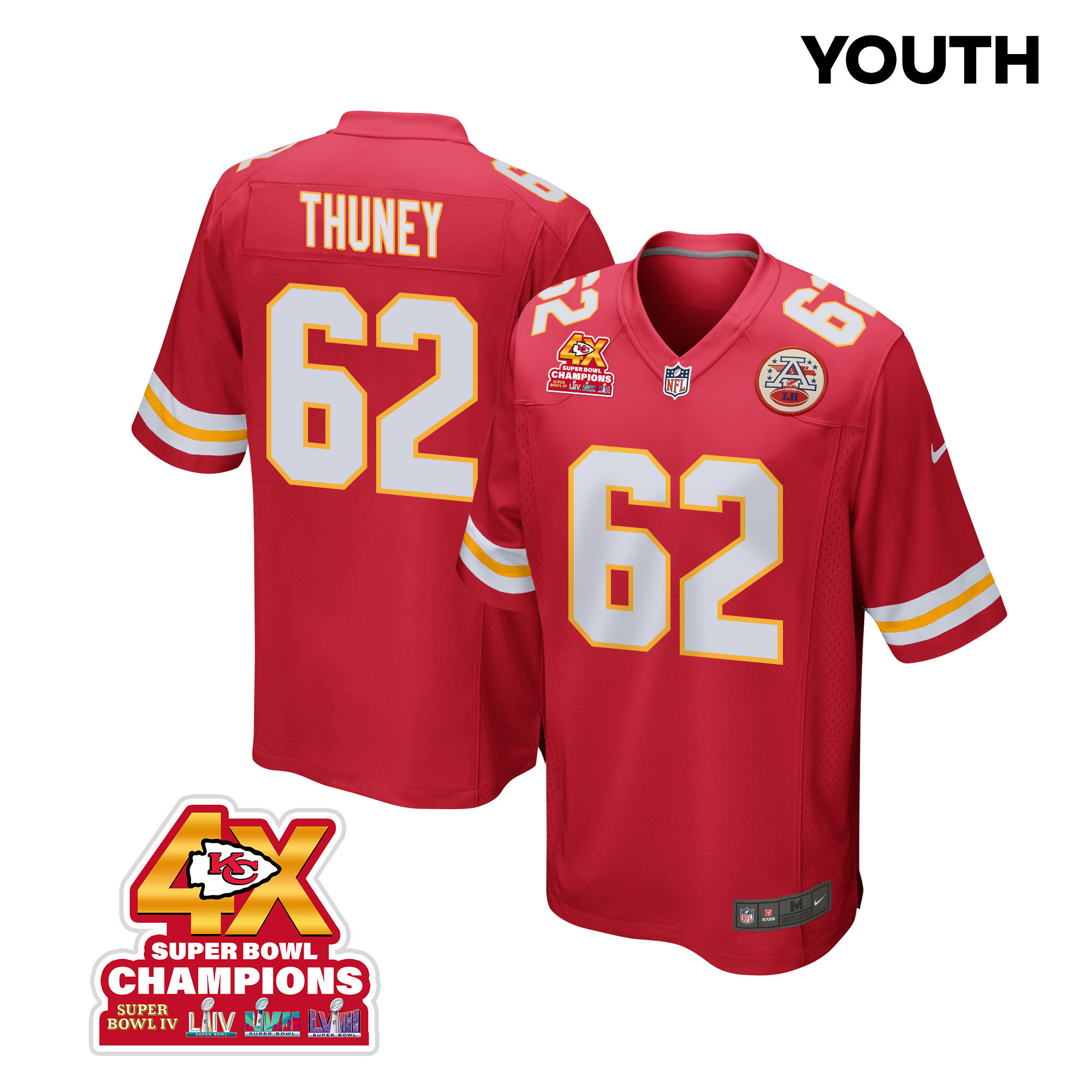 Joe Thuney 62 Kansas City Chiefs Super Bowl LVIII Champions 4X Game YOUTH Jersey - Red JS7767 nicesnker