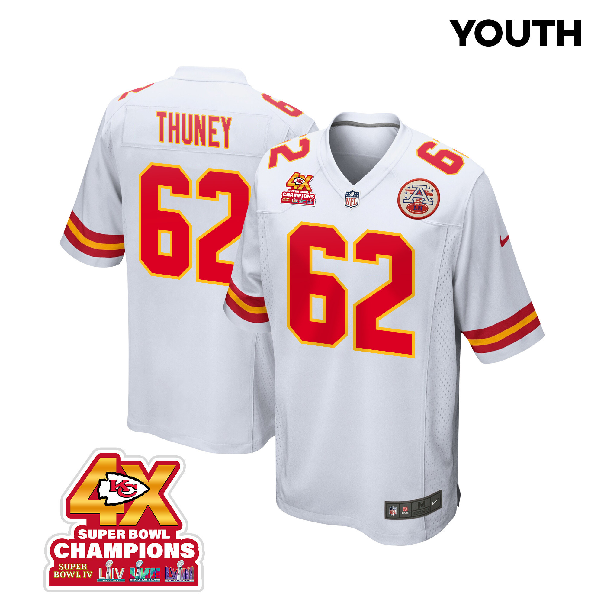 Joe Thuney 62 Kansas City Chiefs Super Bowl LVIII Champions 4X Game YOUTH Jersey - White JS3922 nicesnker