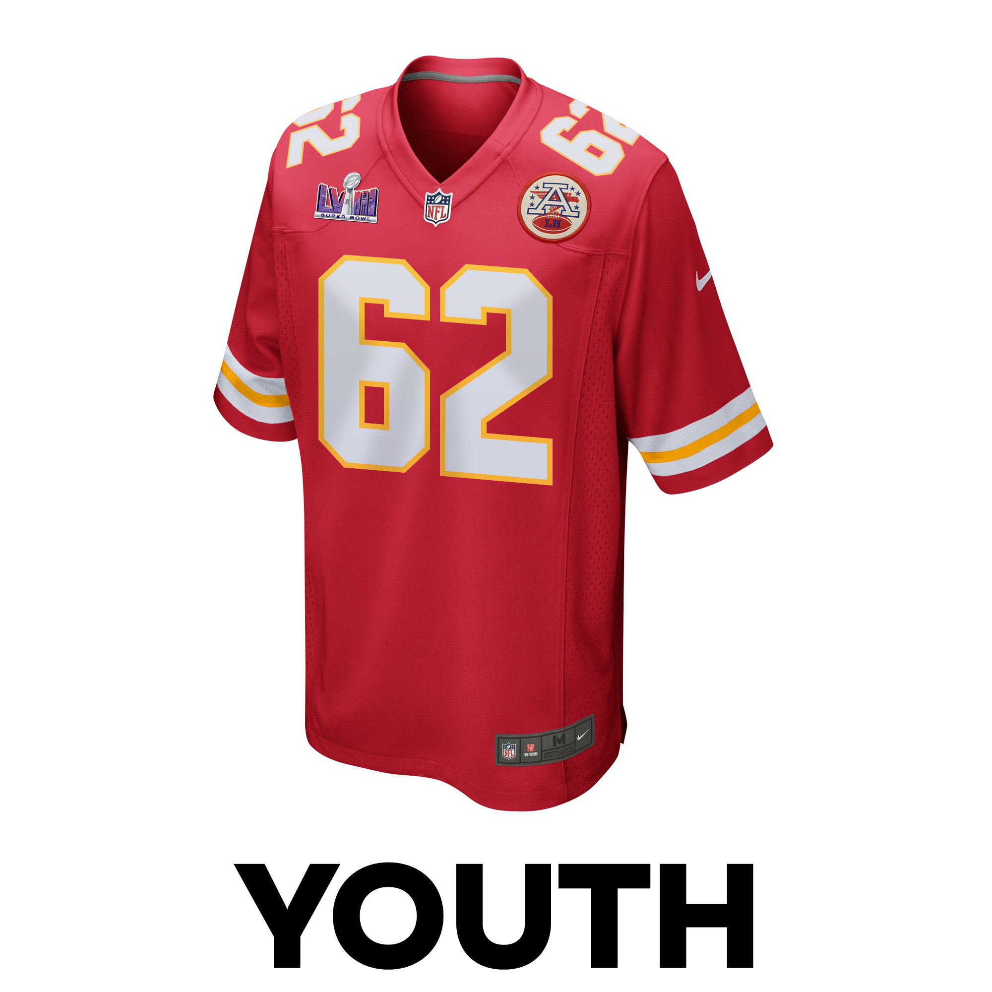 Alternative view of Joe Thuney 62 Kansas City Chiefs Super Bowl LVIII Patch Game YOUTH Jersey - Red JS1934 nicesnker