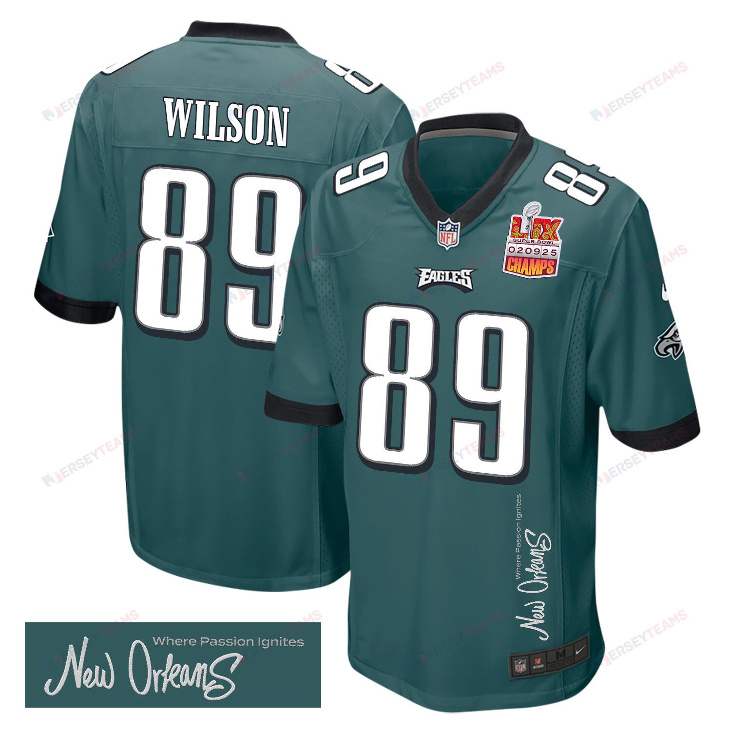 Johnny Wilson 89 Philadelphia Eagles Super Bowl LIX Champions Patch 'New Orleans - Where Passion Ignites' EMBROIDERED Game Men Jersey - Midnight Green JS8498 nicesnker