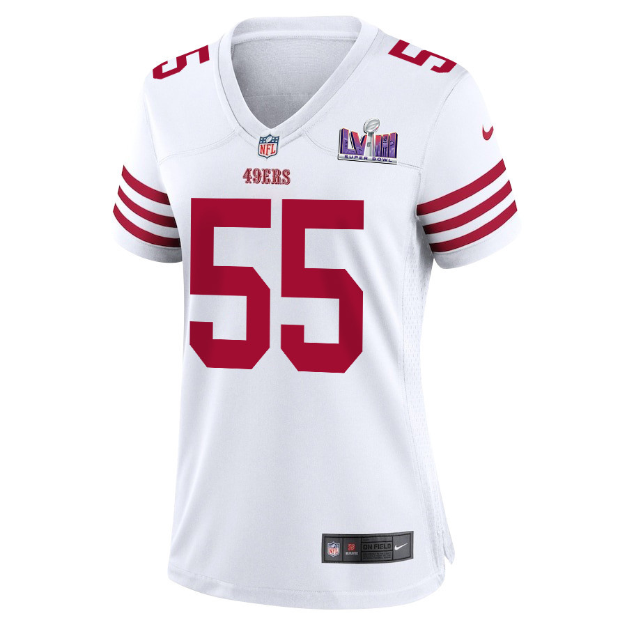 Alternative view of Jon Feliciano 55 San Francisco 49ers Super Bowl LVIII Patch Game Women Jersey - White JS2103 nicesnker