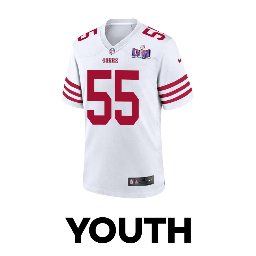 Alternative view of Jon Feliciano 55 San Francisco 49ers Super Bowl LVIII Patch Game YOUTH Jersey - White JS9281 nicesnker
