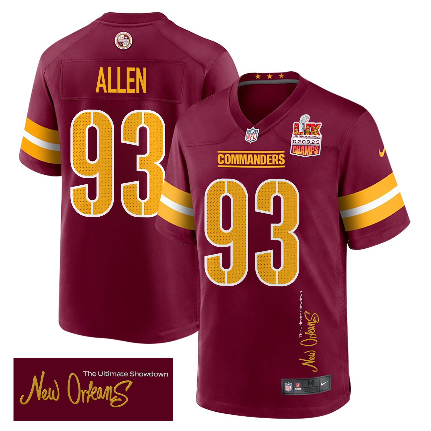 Jonathan Allen 93 Washington Commanders Super Bowl LIX Champions Patch 'New Orleans - The Ultimate Showdown' EMBROIDERED Game Men Jersey - Burgundy JS2002 nicesnker