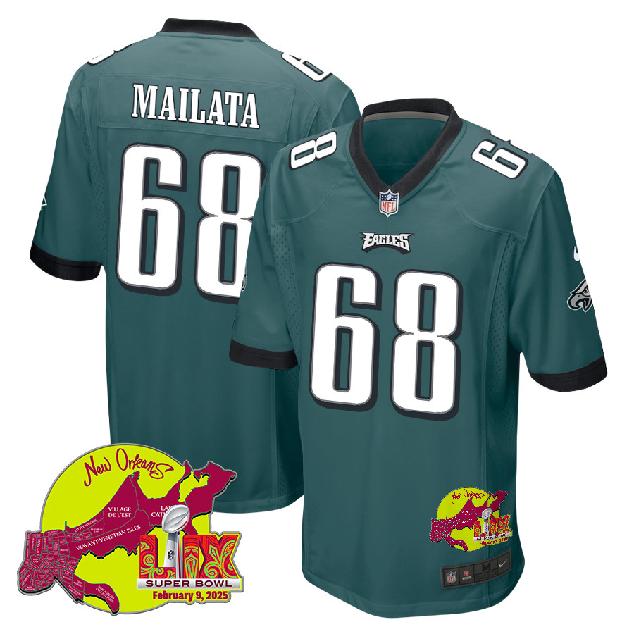 Jordan Mailata 68 Philadelphia Eagles Super Bowl LIX New Orleans Patch Game Men Jersey - Midnight Green JS6557 nicesnker