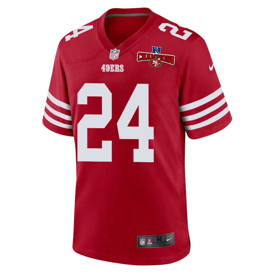 Alternative view of Jordan Mason 24 San Francisco 49ers NFC Champions Patch Game Men Jersey - Scarlet JS6555 nicesnker
