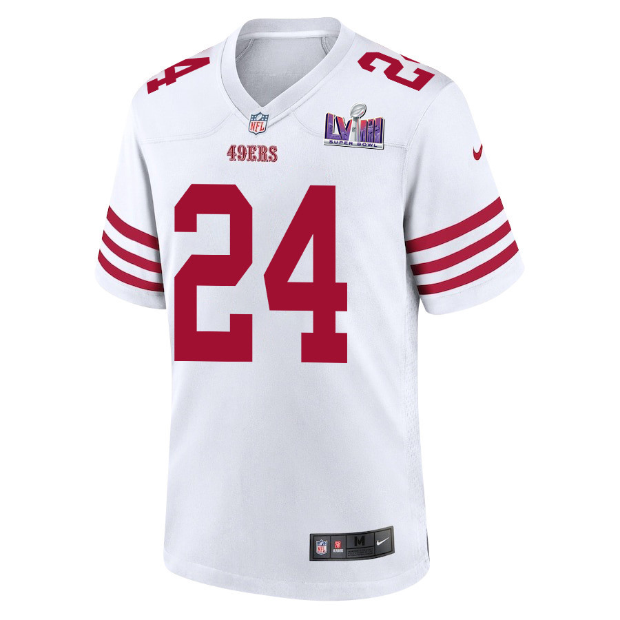 Alternative view of Jordan Mason 24 San Francisco 49ers Super Bowl LVIII Patch Game Men Jersey - White JS4270 nicesnker
