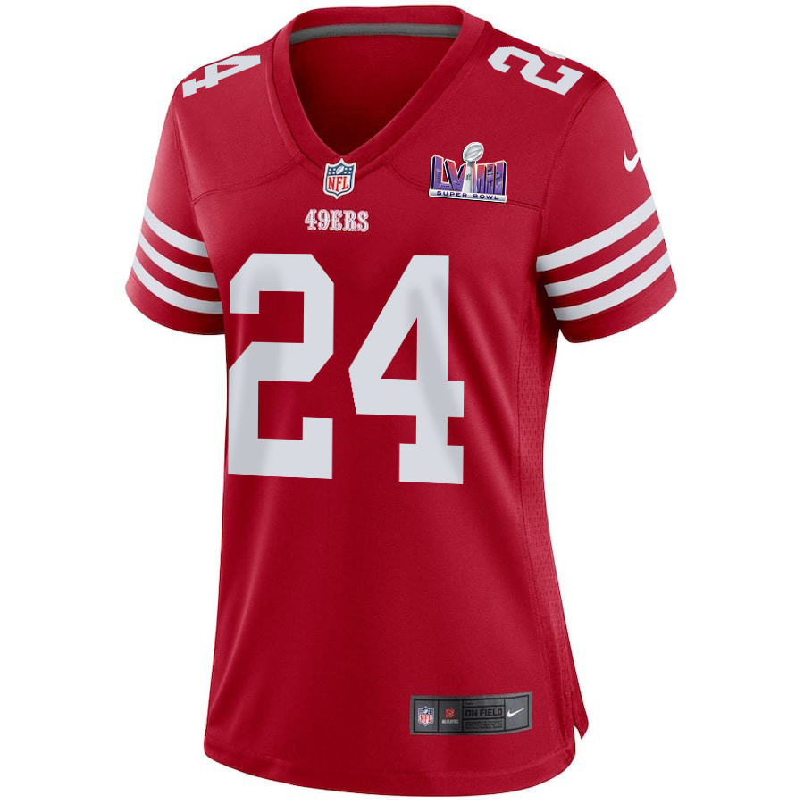 Alternative view of Jordan Mason 24 San Francisco 49ers Super Bowl LVIII Patch Game Women Jersey - Scarlet JS2453 nicesnker