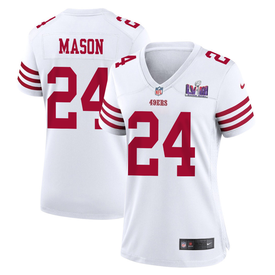 Jordan Mason 24 San Francisco 49ers Super Bowl LVIII Patch Game Women Jersey - White JS6857 nicesnker
