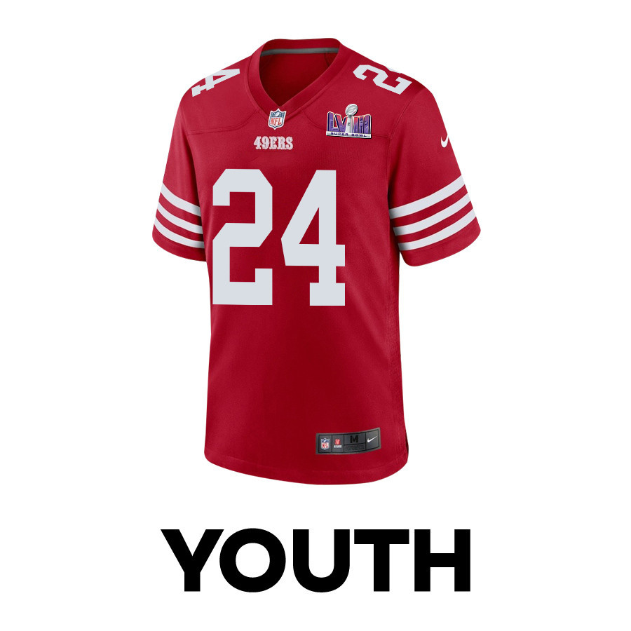 Alternative view of Jordan Mason 24 San Francisco 49ers Super Bowl LVIII Patch Game YOUTH Jersey - Scarlet JS7772 nicesnker