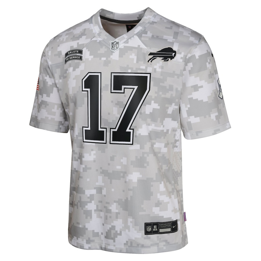 Alternative view of Josh Allen 17 Buffalo Bills 2024 Salute to Service Game YOUTH Jersey - Arctic Camo JS2489 nicesnker