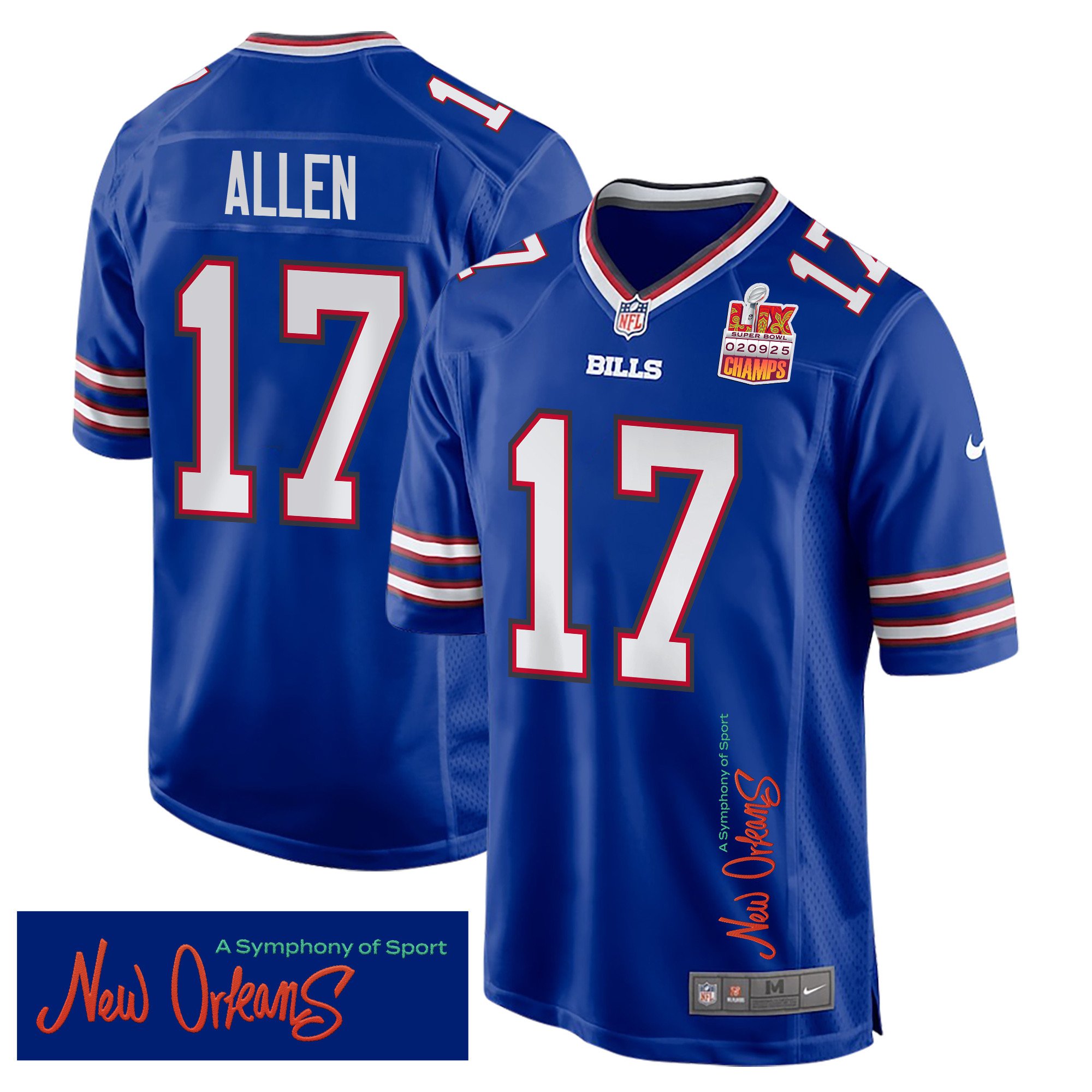 Josh Allen 17 Buffalo Bills Super Bowl LIX Champions Patch 'New Orleans - A Symphony of Sport' EMBROIDERED Game Men Jersey - Royal JS2975 nicesnker