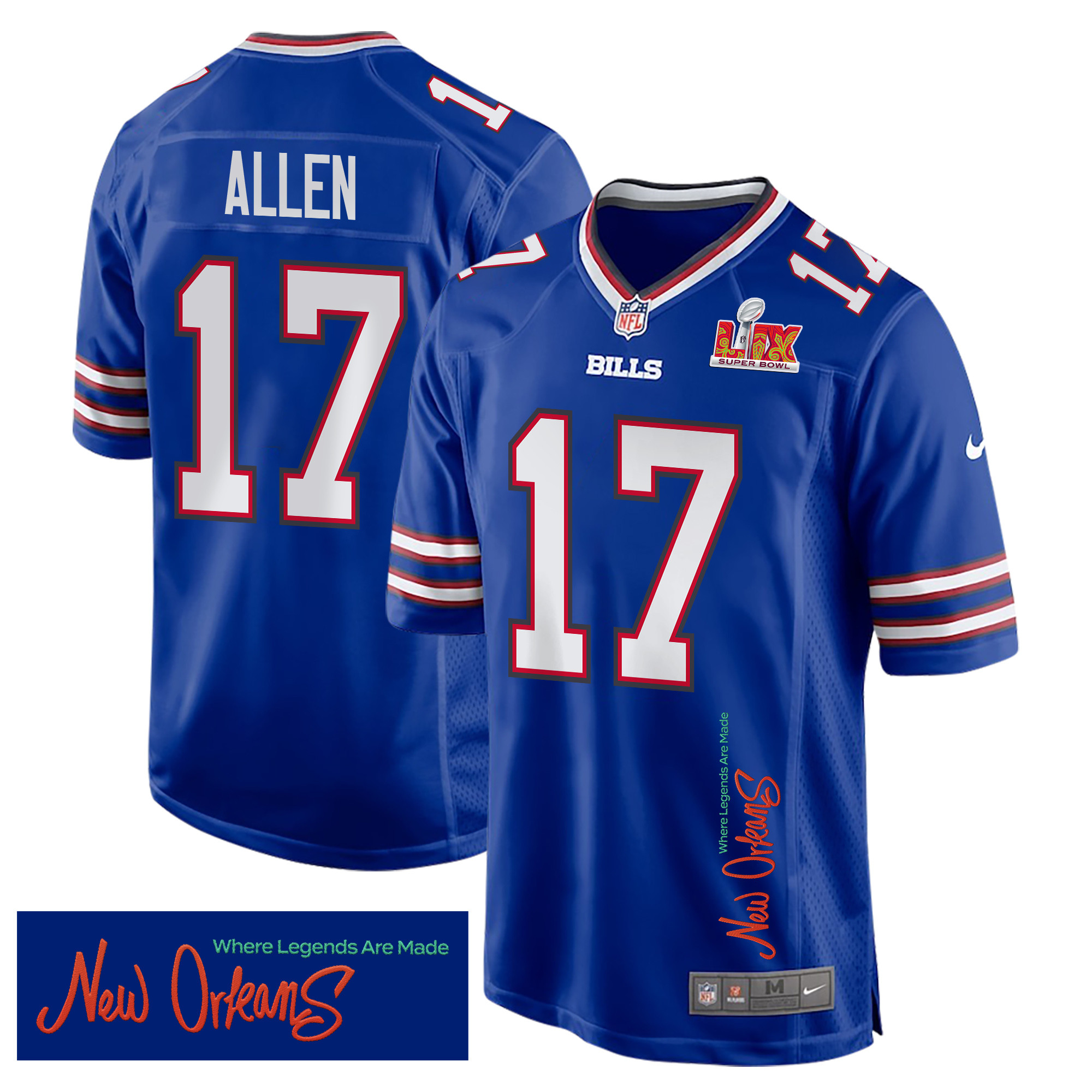 Josh Allen 17 Buffalo Bills Super Bowl LIX 'New Orleans - Where Legends Are Made' EMBROIDERED Game Men Jersey - Royal JS7913 nicesnker