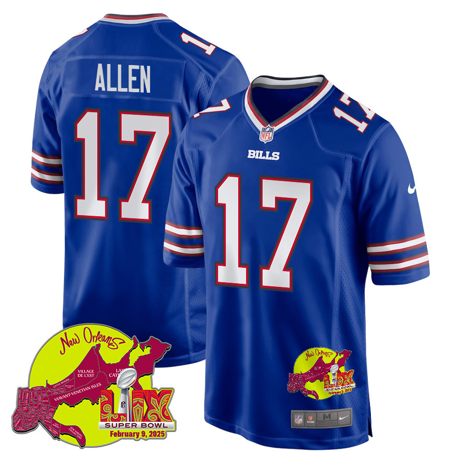 Josh Allen 17 Buffalo Bills Super Bowl LIX New Orleans Patch Game Men Jersey - Royal JS6908 nicesnker