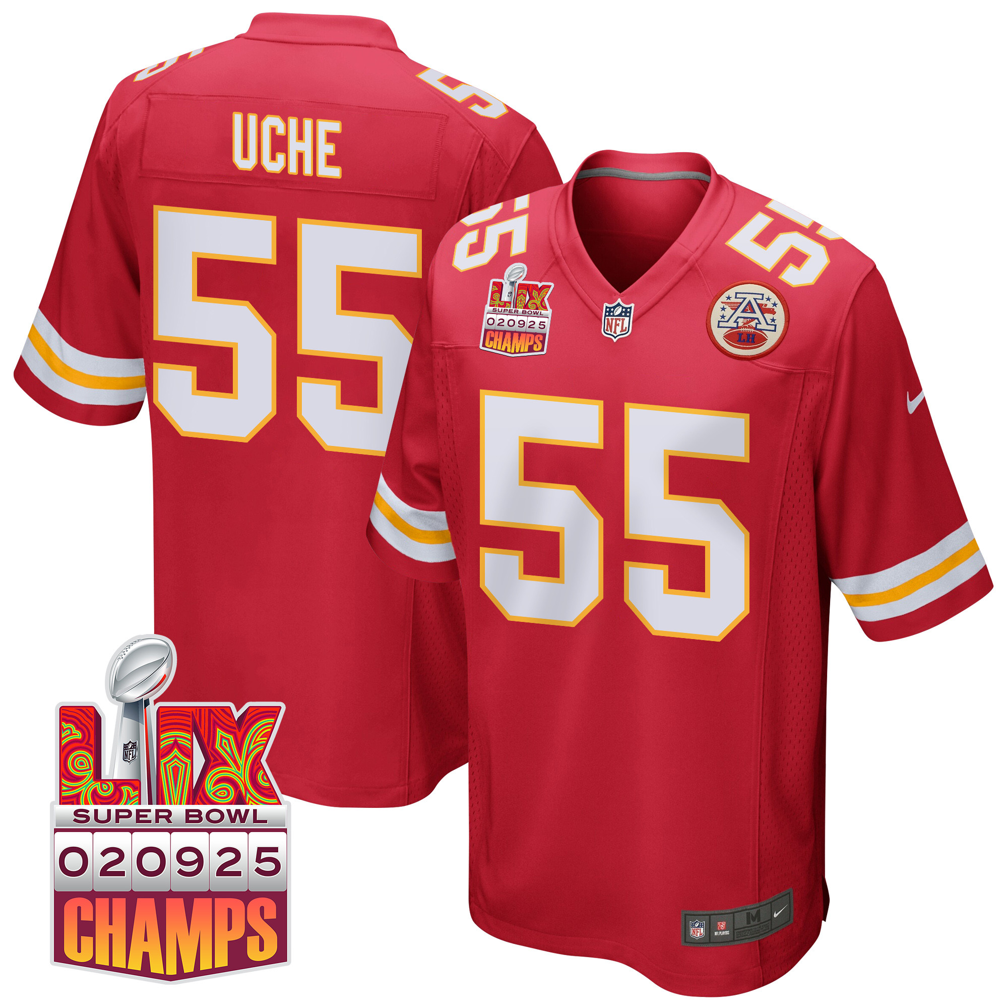 Joshua Uche 55 Kansas City Chiefs Super Bowl LIX Champions Patch Game Men Jersey - Red JS1594 nicesnker