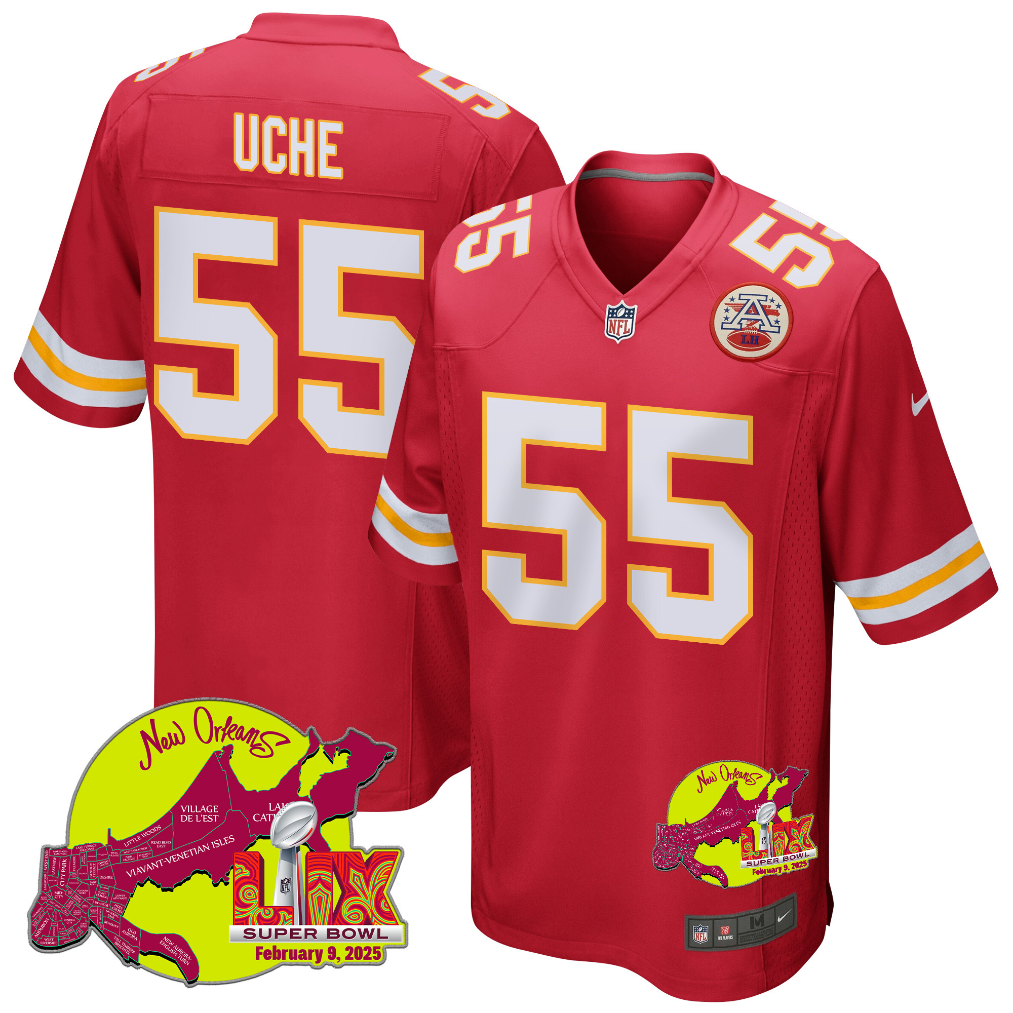 Joshua Uche 55 Kansas City Chiefs Super Bowl LIX New Orleans Patch Game Men Jersey - Red JS2957 nicesnker