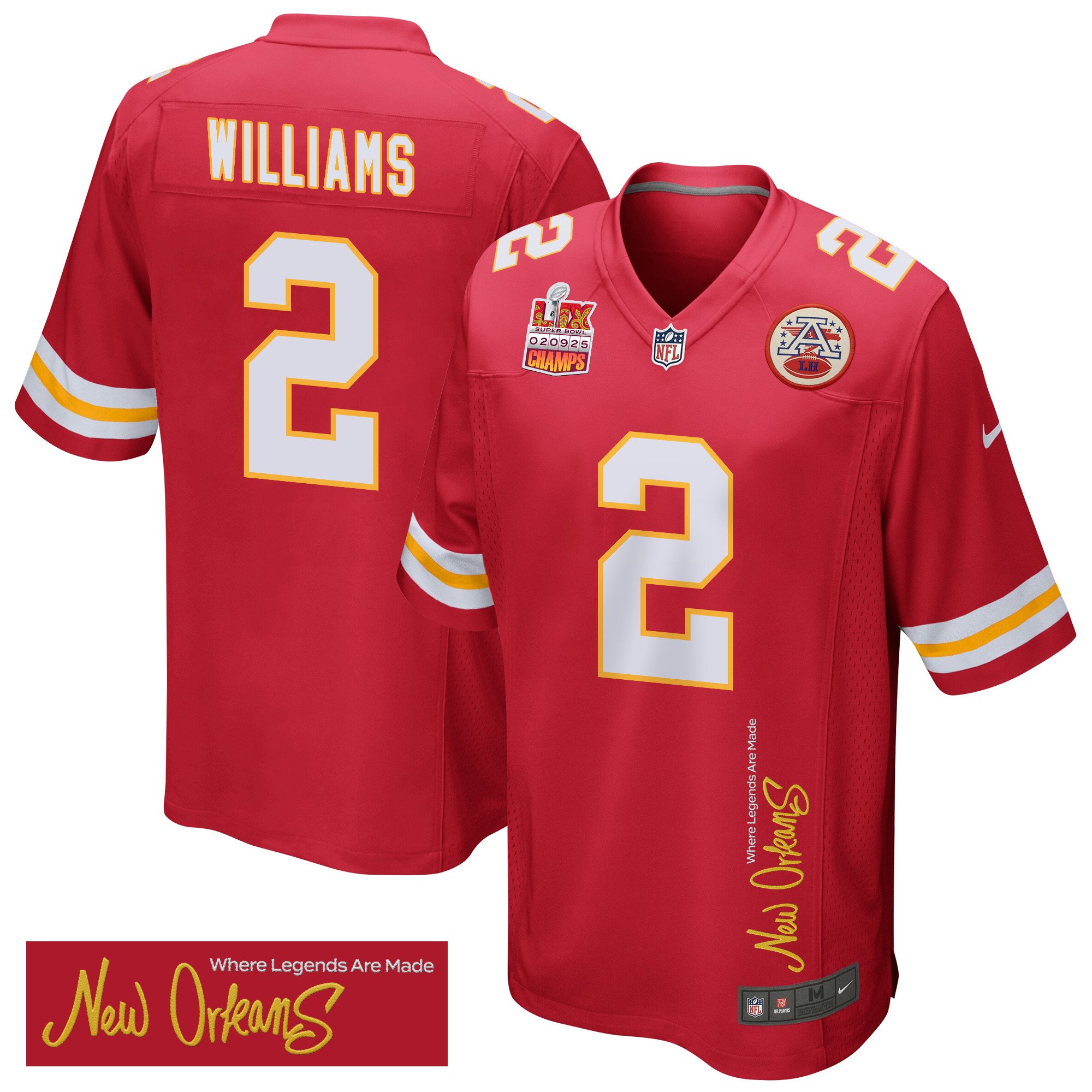Joshua Williams 2 Kansas City Chiefs Super Bowl LIX Champions Patch 'New Orleans - Where Legends Are Made' EMBROIDERED Game Men Jersey - Red JS4063 nicesnker
