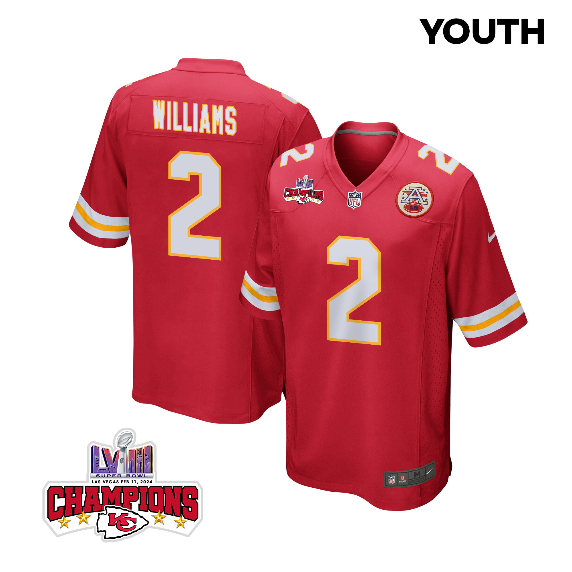 Joshua Williams 2 Kansas City Chiefs Super Bowl LVIII Champions 4 Stars Patch Game YOUTH Jersey - Red JS5281 nicesnker