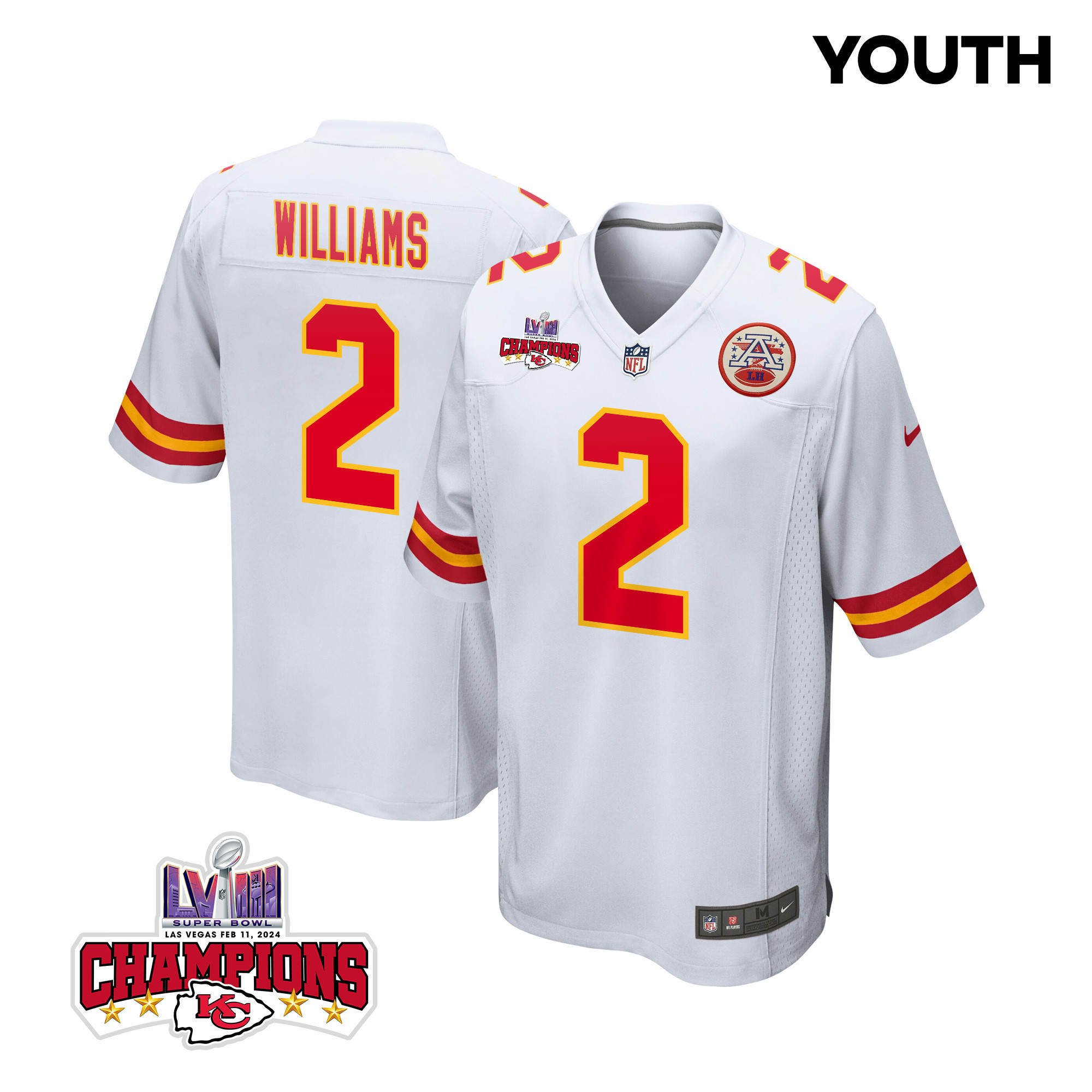 Joshua Williams 2 Kansas City Chiefs Super Bowl LVIII Champions 4 Stars Patch Game YOUTH Jersey - White JS8703 nicesnker