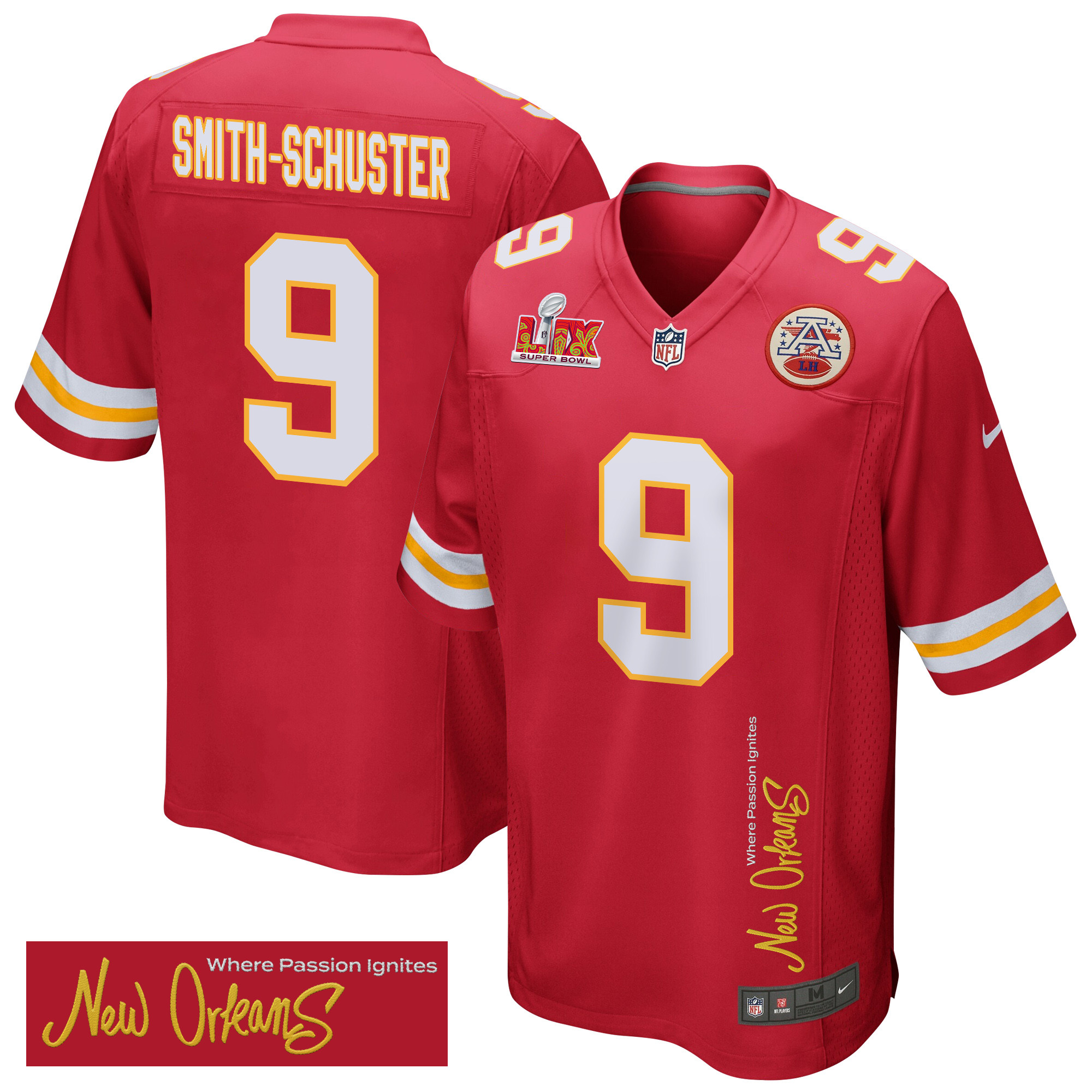 JuJu Smith-Schuster 9 Kansas City Chiefs Super Bowl LIX 'New Orleans - Where Passion Ignites' EMBROIDERED Game Men Jersey - Red JS6919 nicesnker