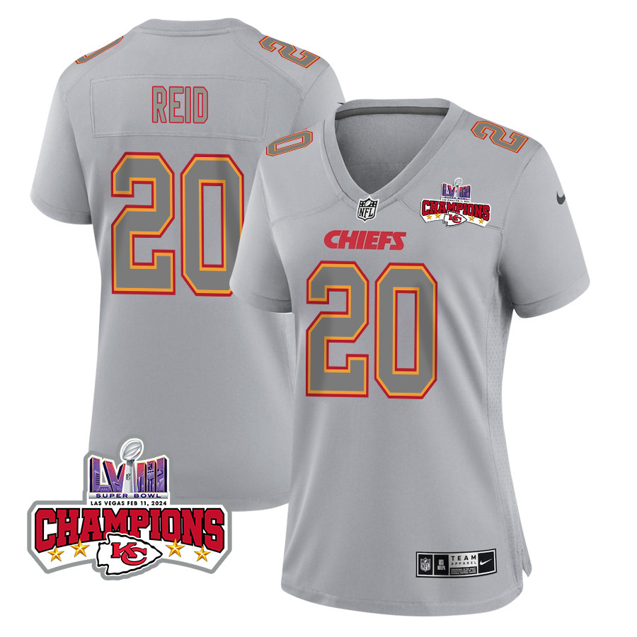 Justin Reid 20 Kansas City Chiefs Super Bowl LVIII Champions 4 Stars Patch Atmosphere Fashion Game Women Jersey - Gray JS2137 nicesnker