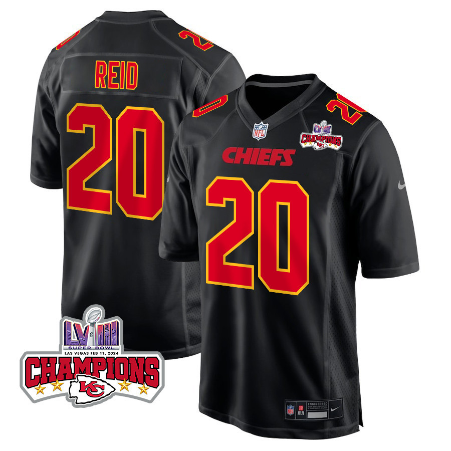 Justin Reid 20 Kansas City Chiefs Super Bowl LVIII Champions 4 Stars Patch Fashion Game Men Jersey - Carbon Black JS5645 nicesnker