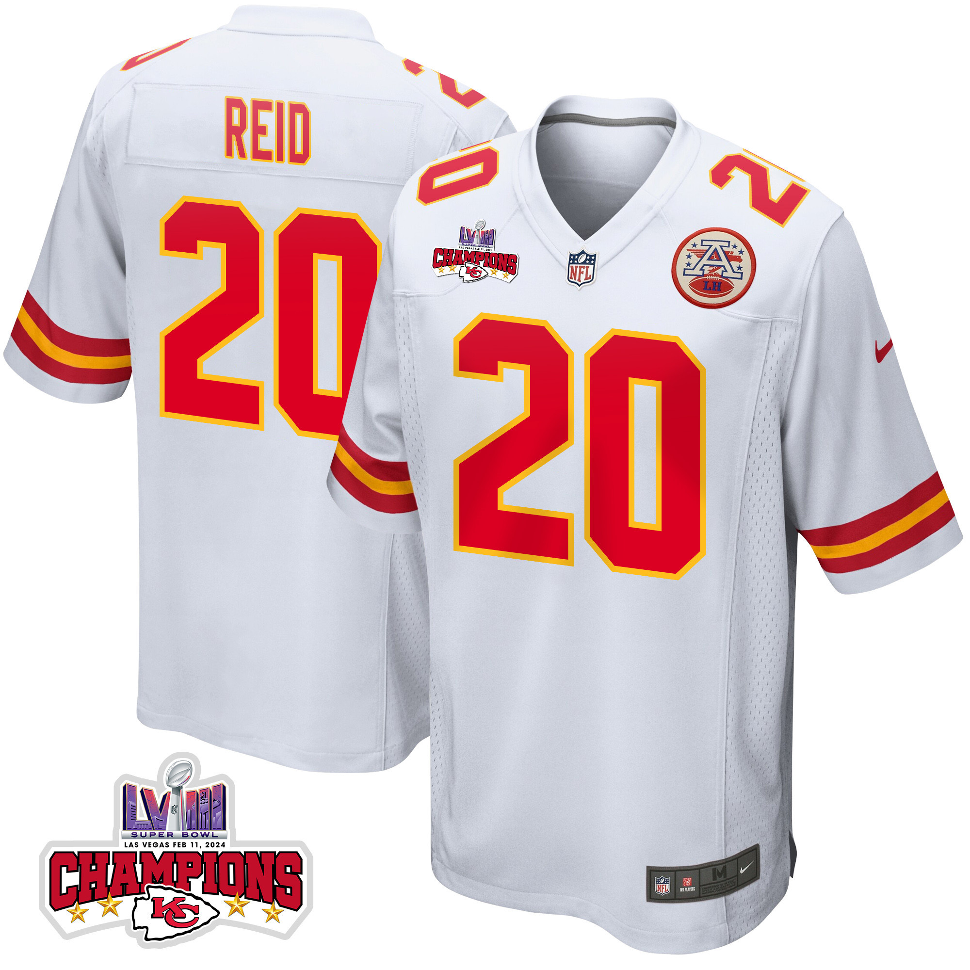 Justin Reid 20 Kansas City Chiefs Super Bowl LVIII Champions 4 Stars Patch Game Men Jersey - White JS8409 nicesnker