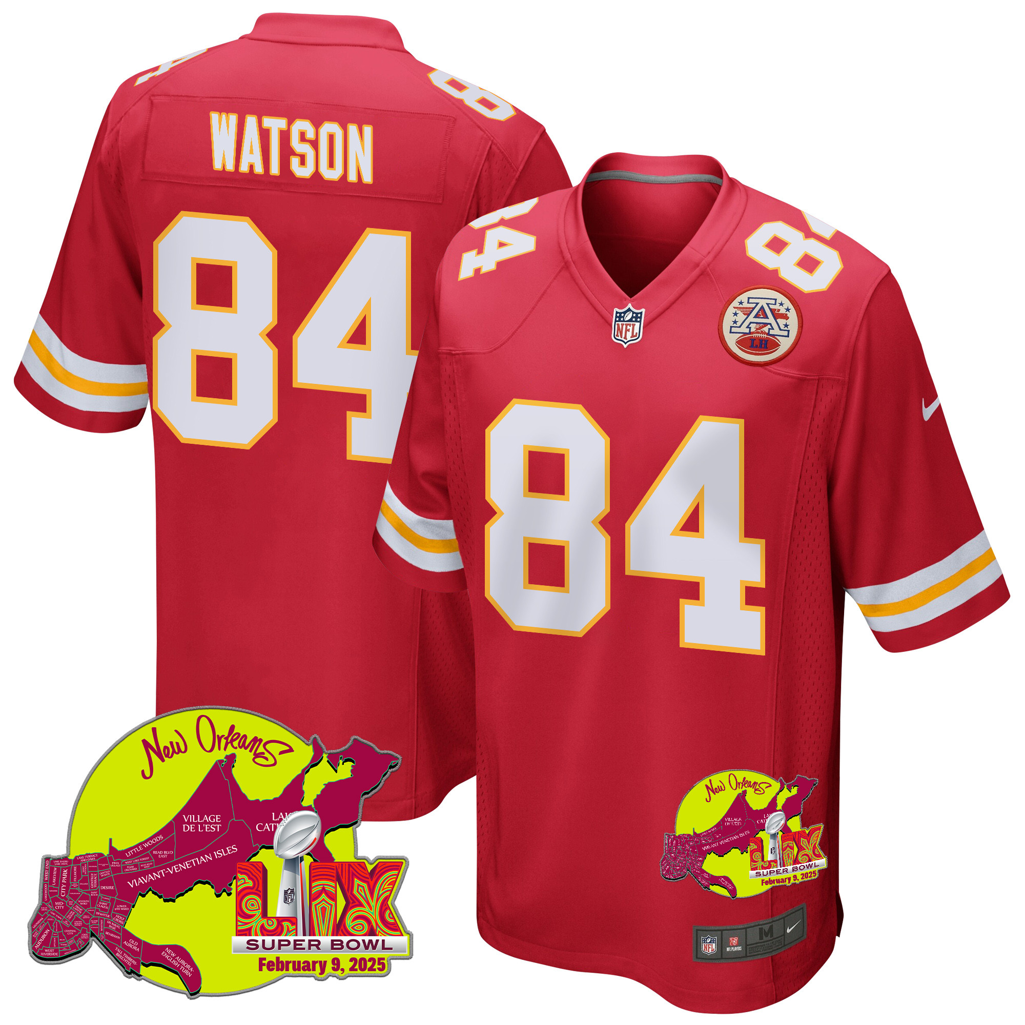 Justin Watson 84 Kansas City Chiefs Super Bowl LIX New Orleans Patch Game Men Jersey - Red JS4462 nicesnker