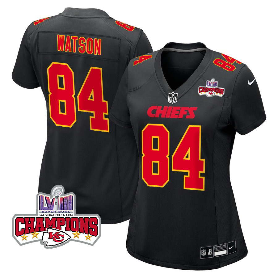 Justin Watson 84 Kansas City Chiefs Super Bowl LVIII Champions 4 Stars Patch Fashion Game Women Jersey - Carbon Black JS5157 nicesnker