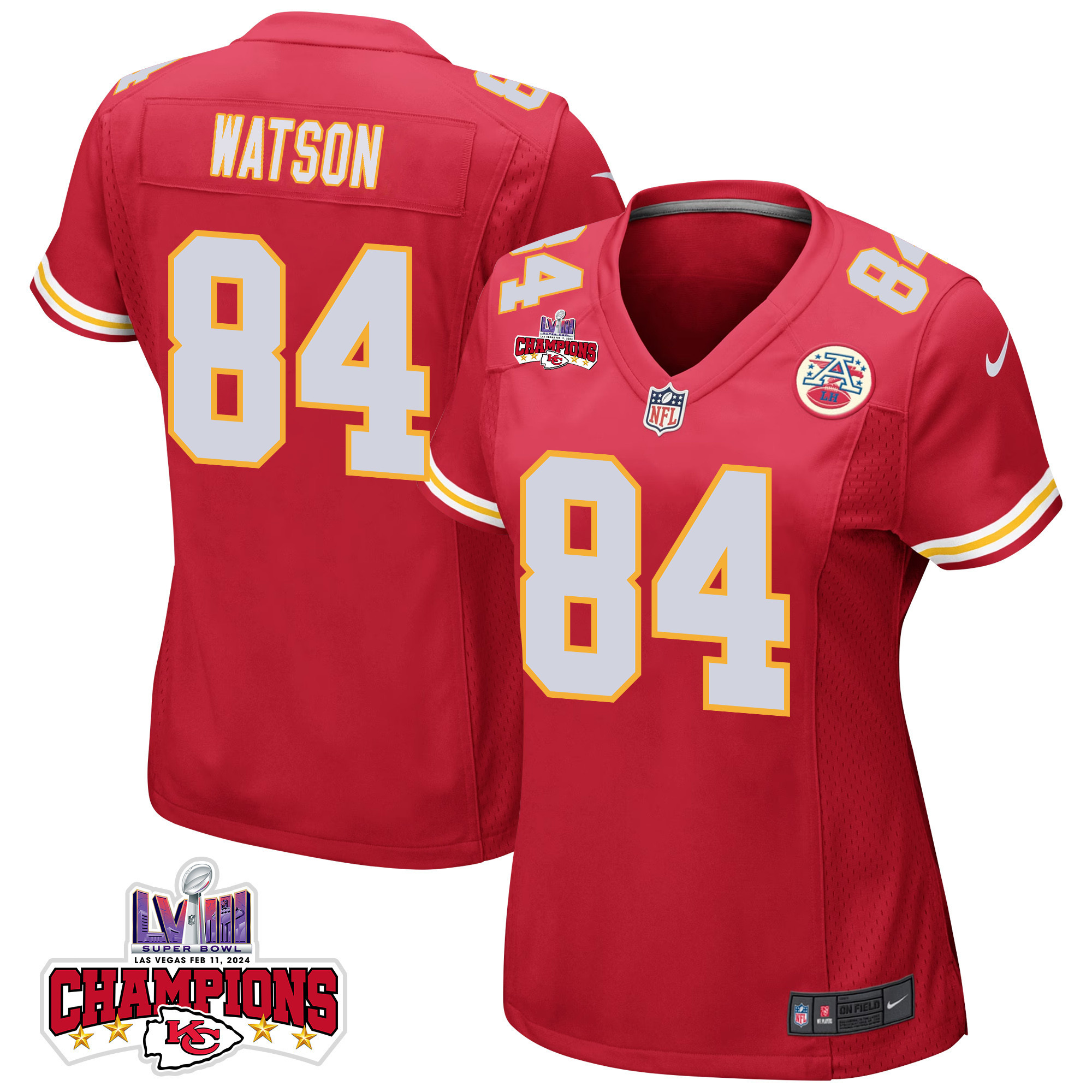 Justin Watson 84 Kansas City Chiefs Super Bowl LVIII Champions 4 Stars Patch Game Women Jersey - Red JS9859 nicesnker