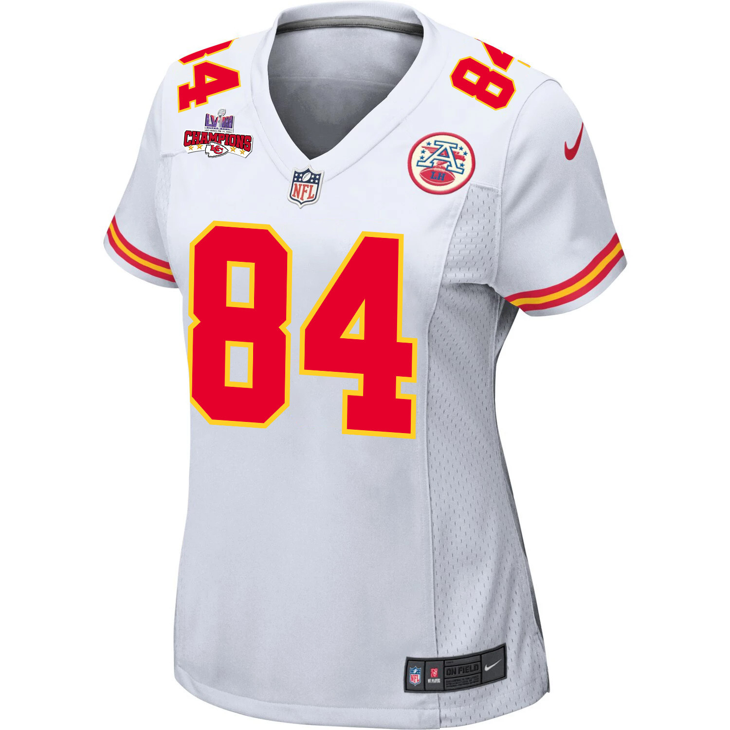 Alternative view of Justin Watson 84 Kansas City Chiefs Super Bowl LVIII Champions 4 Stars Patch Game Women Jersey - White JS6137 nicesnker