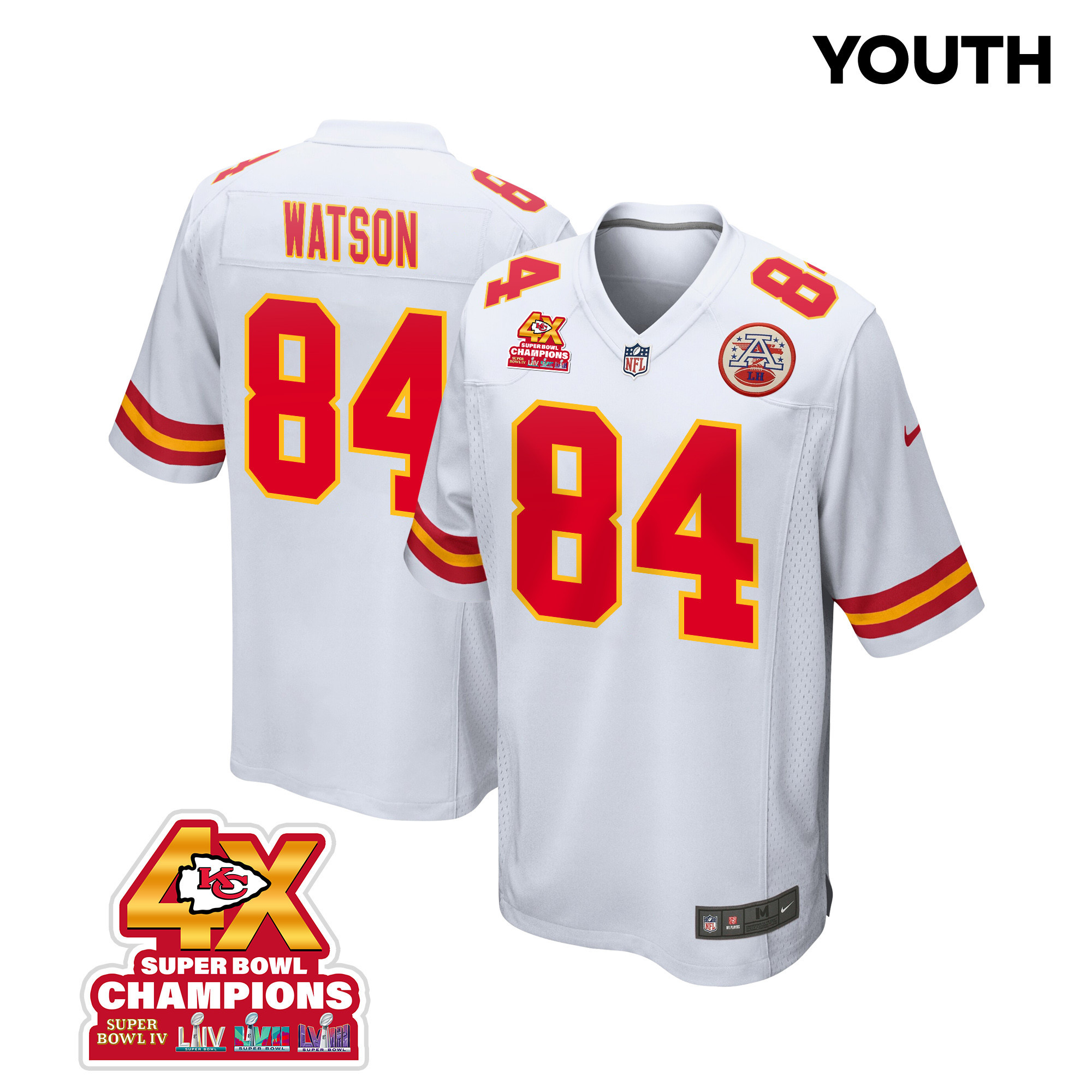 Justin Watson 84 Kansas City Chiefs Super Bowl LVIII Champions 4X Game YOUTH Jersey - White JS8546 nicesnker