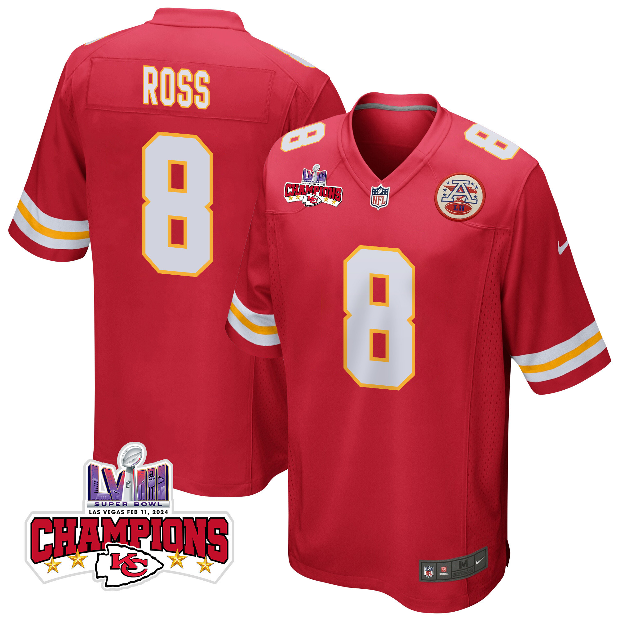 Justyn Ross 8 Kansas City Chiefs Super Bowl LVIII Champions 4 Stars Patch Game Men Jersey - Red JS4938 nicesnker