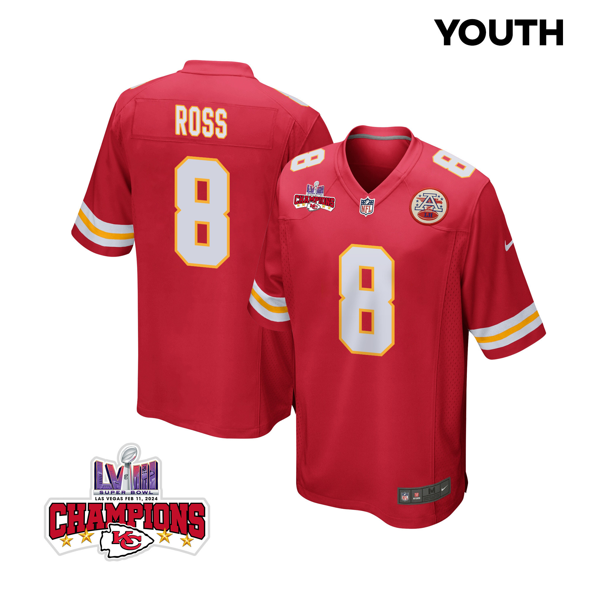 Justyn Ross 8 Kansas City Chiefs Super Bowl LVIII Champions 4 Stars Patch Game YOUTH Jersey - Red JS2784 nicesnker