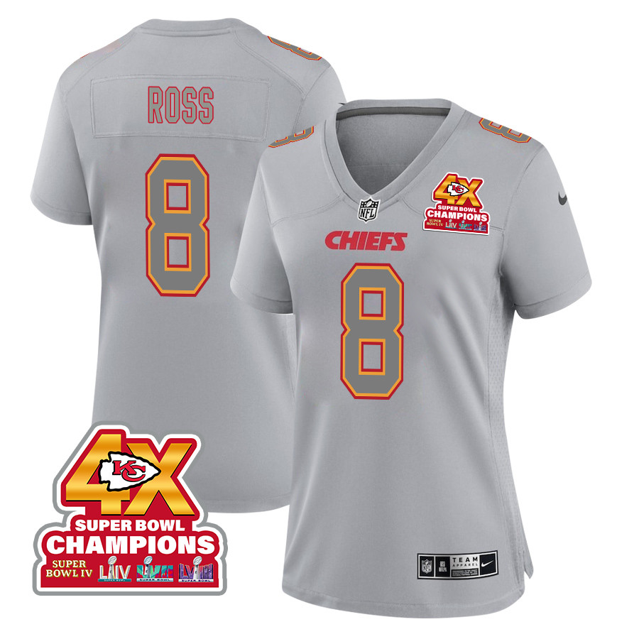 Justyn Ross 8 Kansas City Chiefs Super Bowl LVIII Champions 4X Atmosphere Fashion Game Women Jersey - Gray JS5934 nicesnker