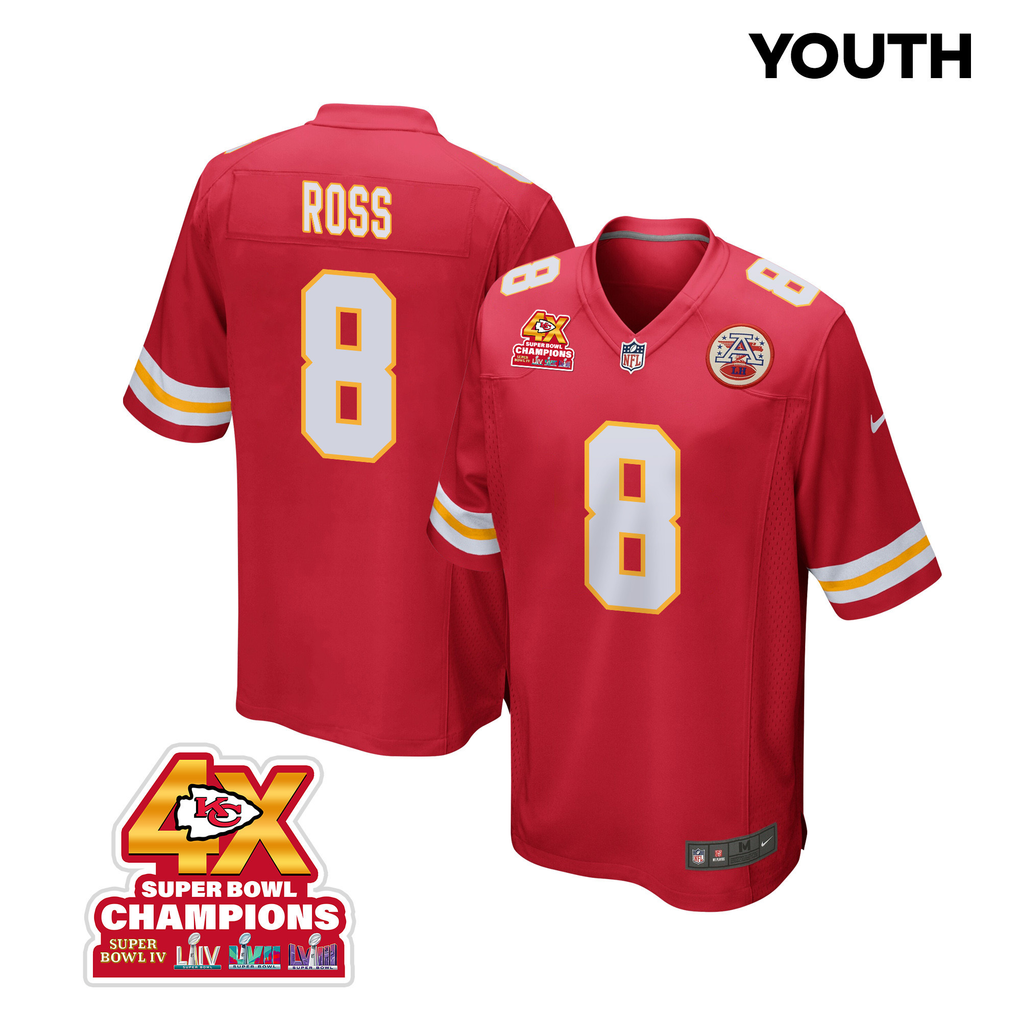 Justyn Ross 8 Kansas City Chiefs Super Bowl LVIII Champions 4X Game YOUTH Jersey - Red JS4028 nicesnker