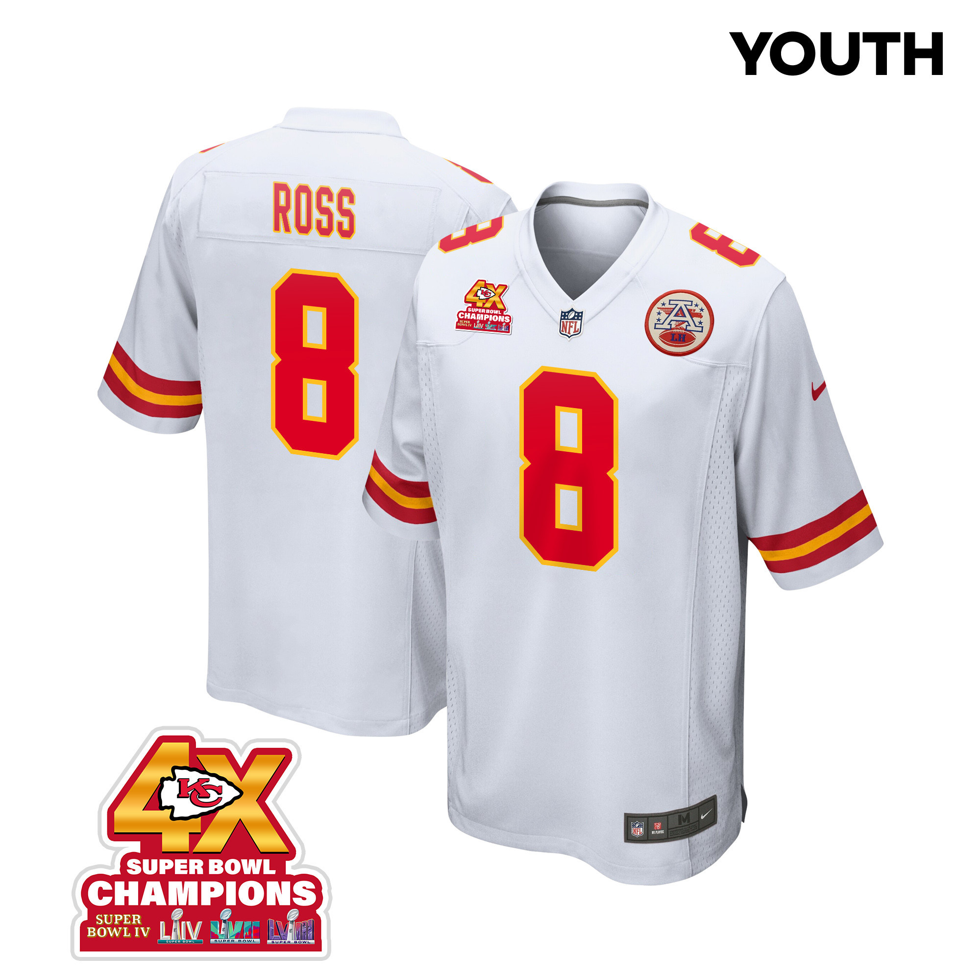 Justyn Ross 8 Kansas City Chiefs Super Bowl LVIII Champions 4X Game YOUTH Jersey - White JS1203 nicesnker