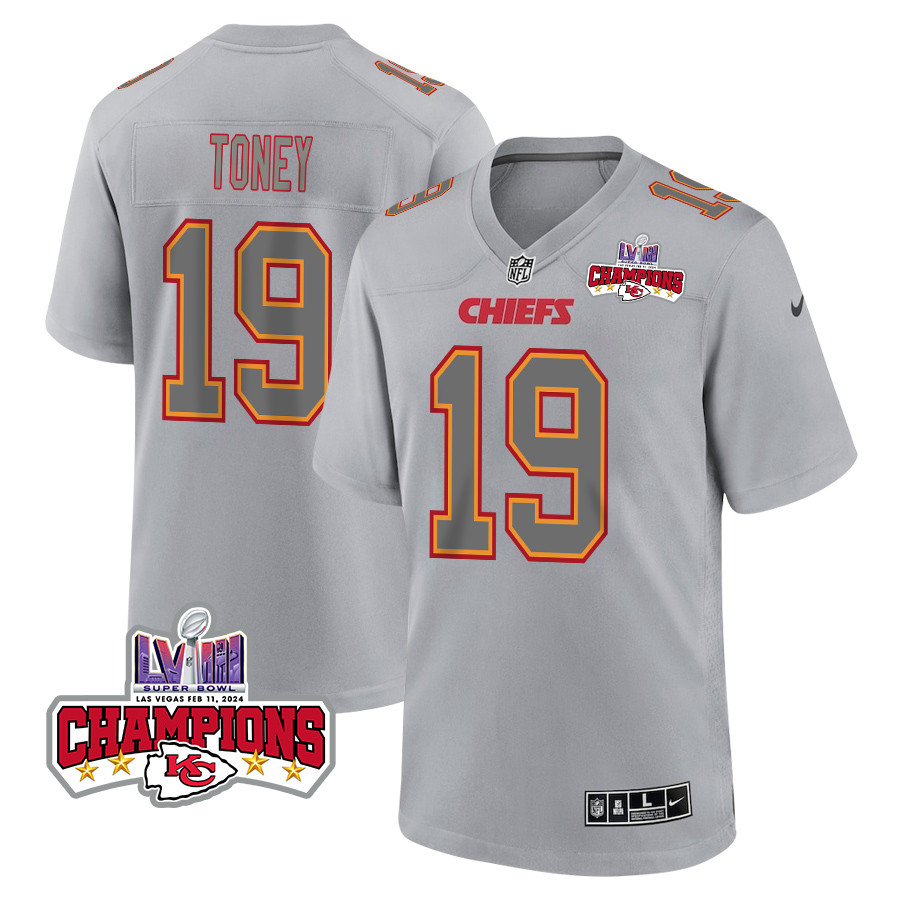 Kadarius Toney 19 Kansas City Chiefs Super Bowl LVIII Champions 4 Stars Patch Atmosphere Fashion Game Men Jersey - Gray JS4656 nicesnker