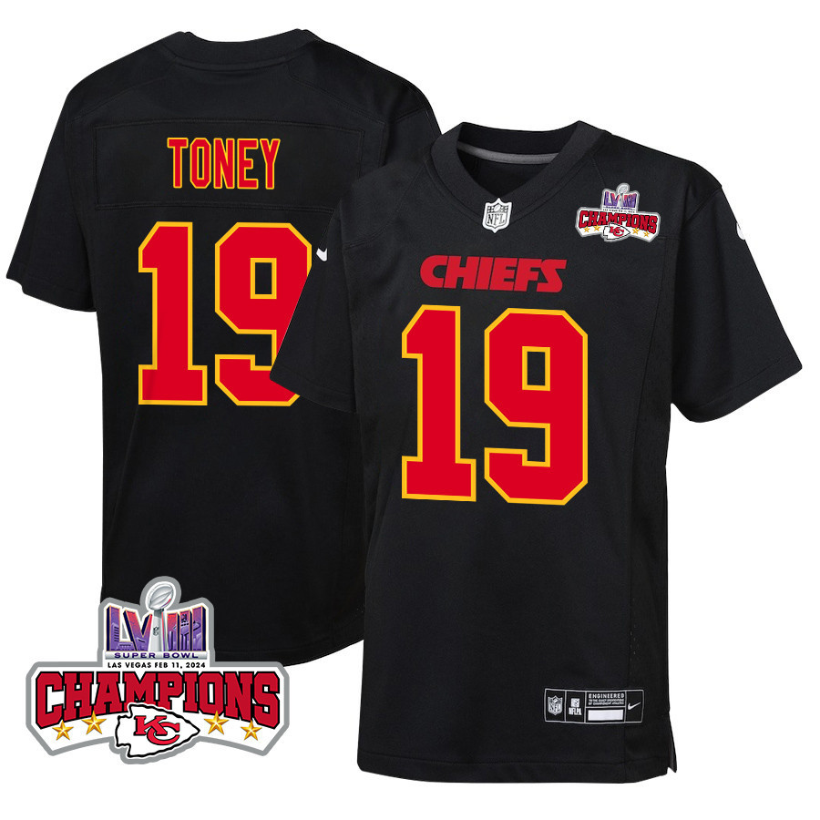 Kadarius Toney 19 Kansas City Chiefs Super Bowl LVIII Champions 4 Stars Patch Fashion Game YOUTH Jersey - Carbon Black JS7778 nicesnker