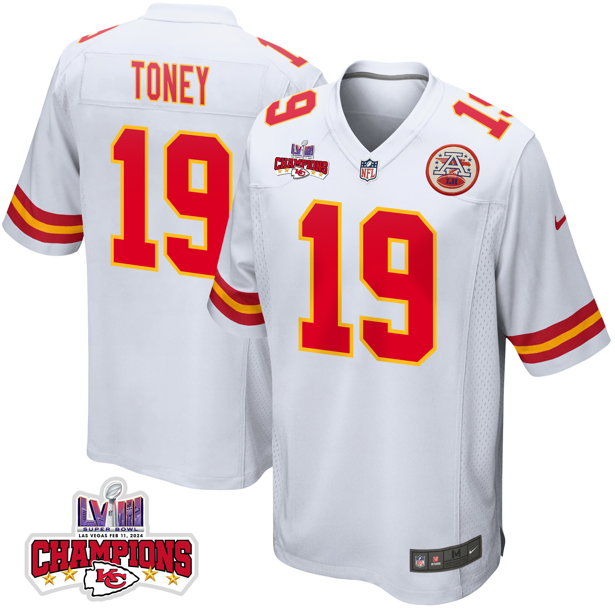 Kadarius Toney 19 Kansas City Chiefs Super Bowl LVIII Champions 4 Stars Patch Game Men Jersey - White JS5080 nicesnker