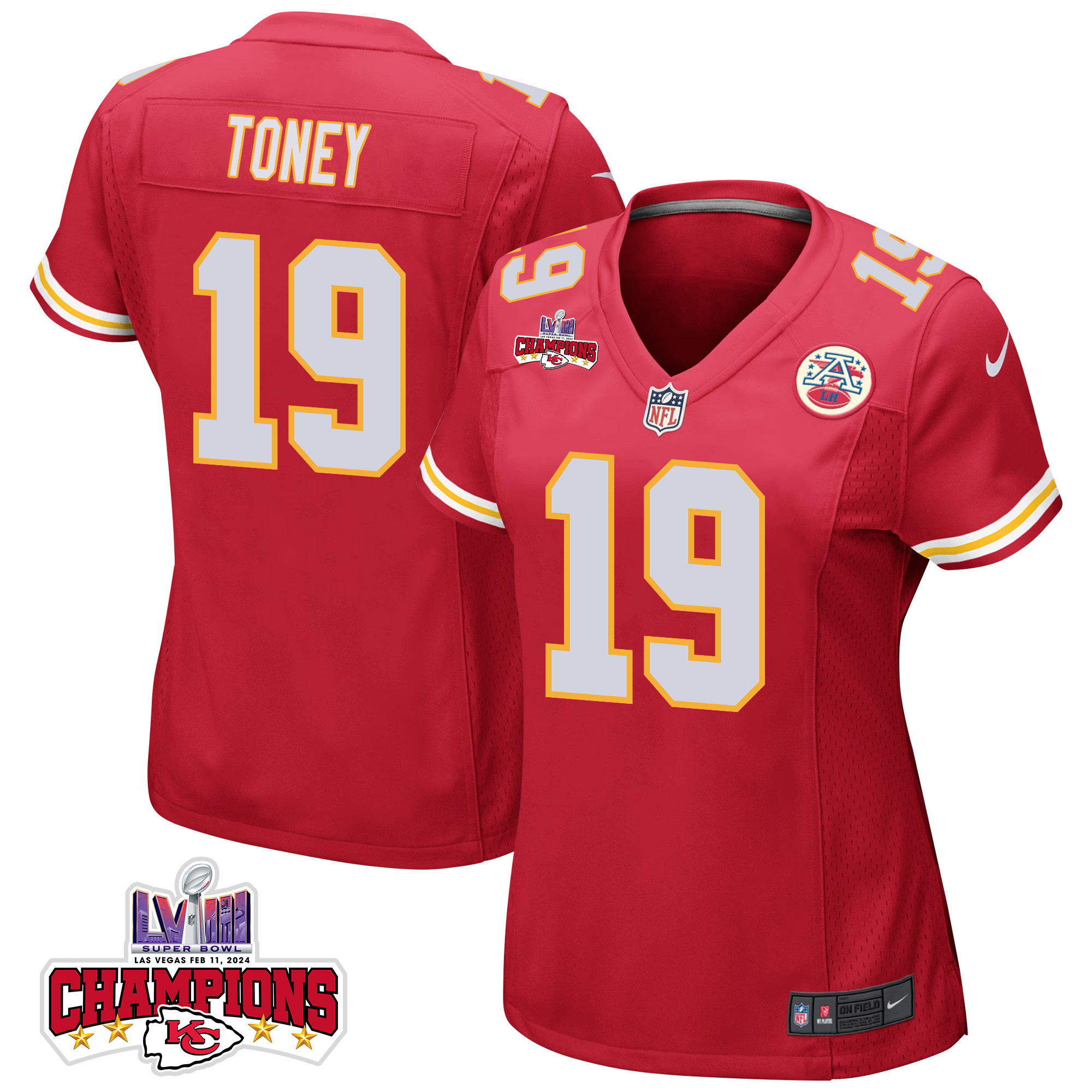 Kadarius Toney 19 Kansas City Chiefs Super Bowl LVIII Champions 4 Stars Patch Game Women Jersey - Red JS4698 nicesnker