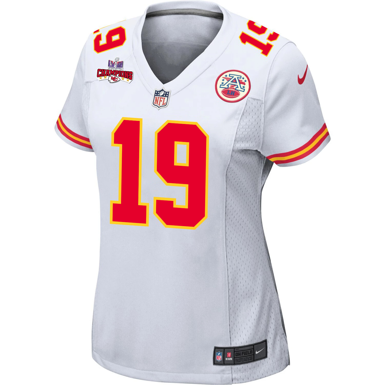 Alternative view of Kadarius Toney 19 Kansas City Chiefs Super Bowl LVIII Champions 4 Stars Patch Game Women Jersey - White JS6282 nicesnker