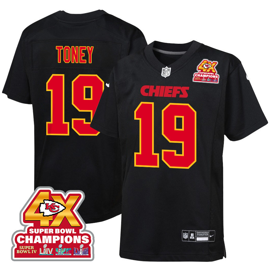Kadarius Toney 19 Kansas City Chiefs Super Bowl LVIII Champions 4X Fashion Game YOUTH Jersey - Carbon Black JS3807 nicesnker