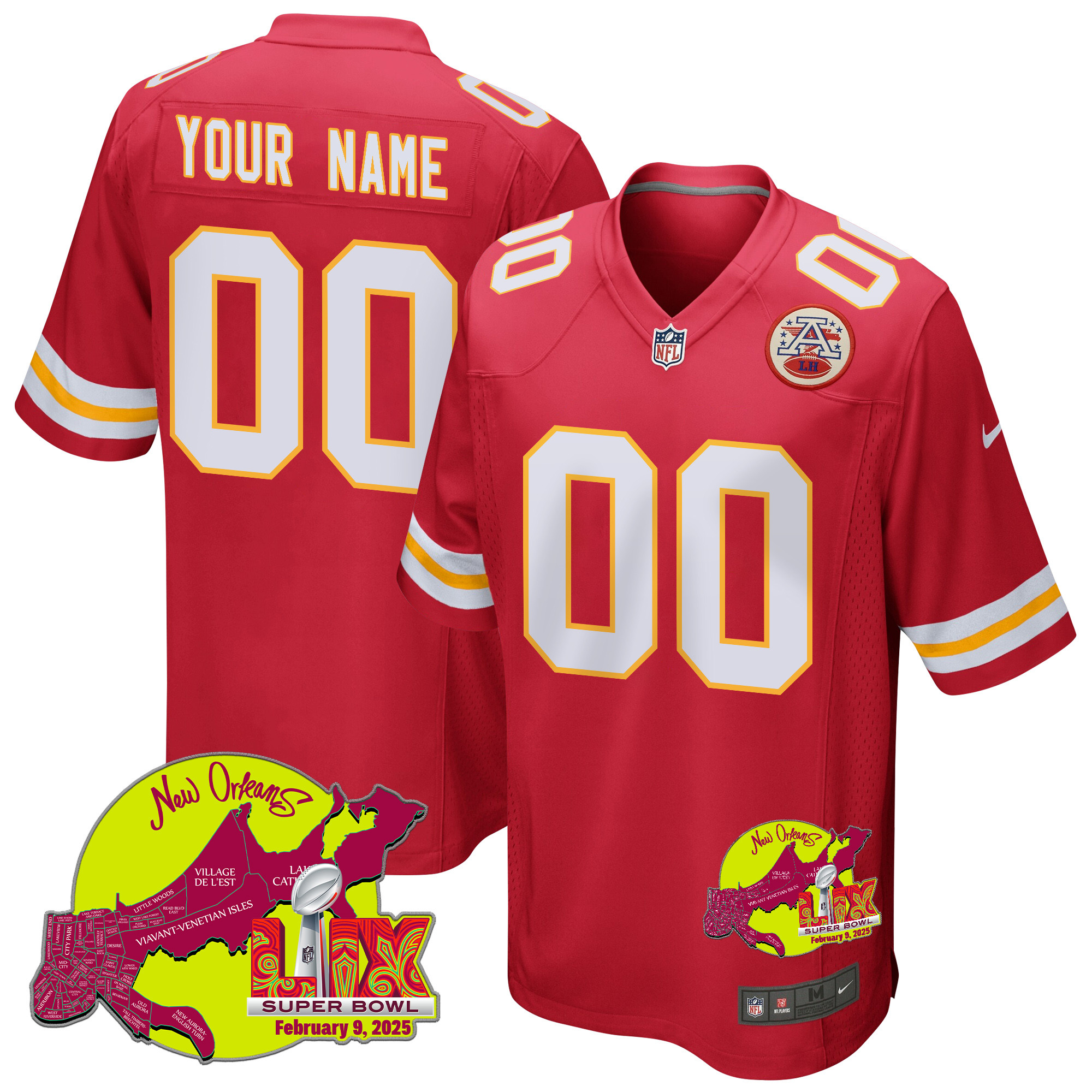 Kansas City Chiefs Super Bowl LIX New Orleans Patch Game Men Custom Jersey - Red JS6352 nicesnker