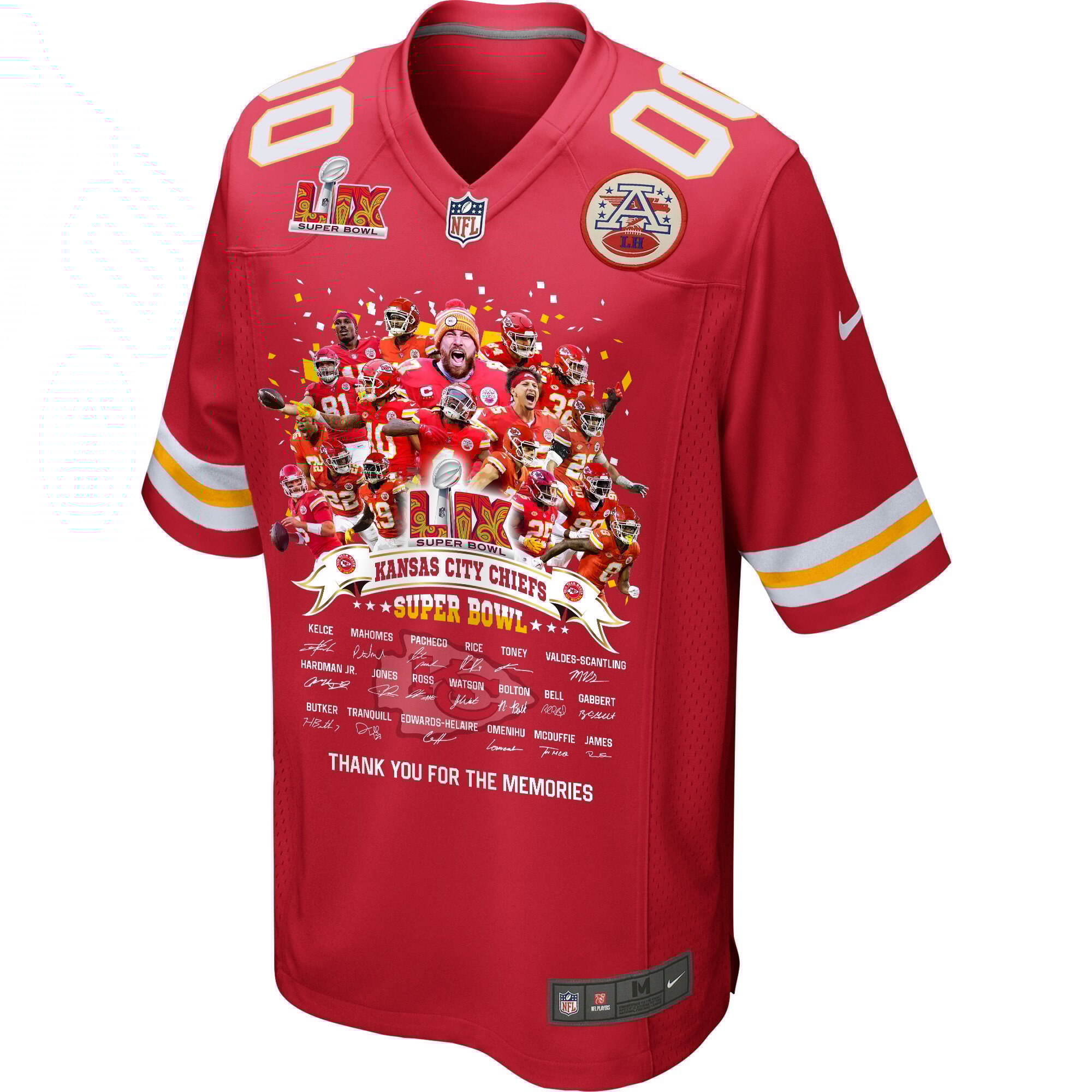 Alternative view of Kansas City Chiefs Super Bowl LIX Thanks For The Memories Game Men Custom Jersey - Red JS5833 nicesnker