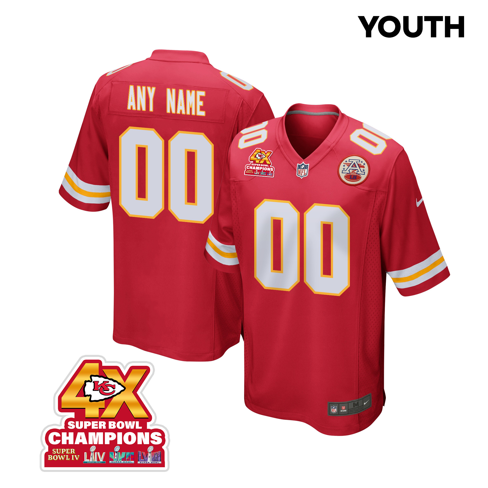 Kansas City Chiefs Super Bowl LVIII Champions 4X Game Custom YOUTH Jersey - Red JS2434 nicesnker