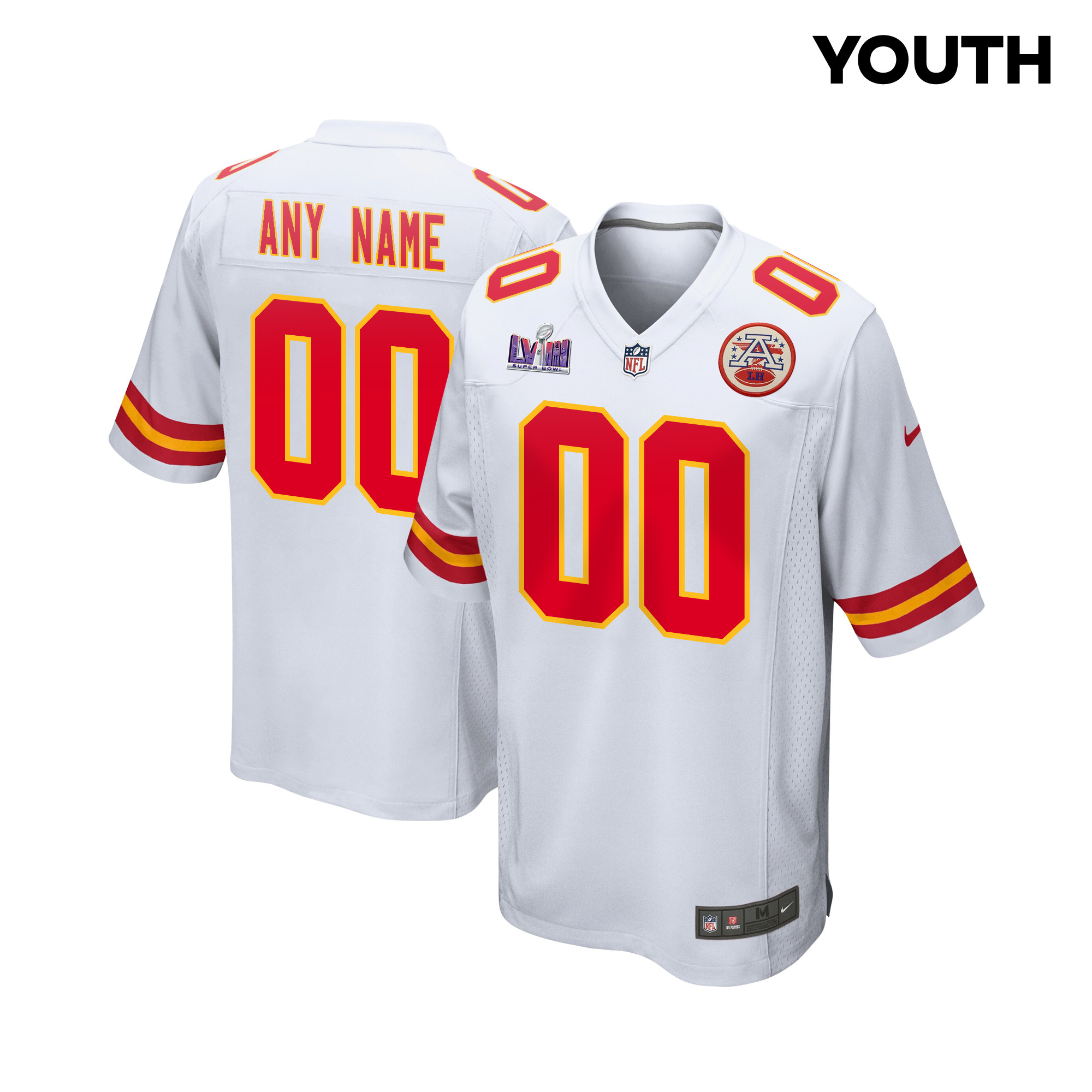 Kansas City Chiefs Super Bowl LVIII Patch Game YOUTH Custom Jersey - White JS9642 nicesnker